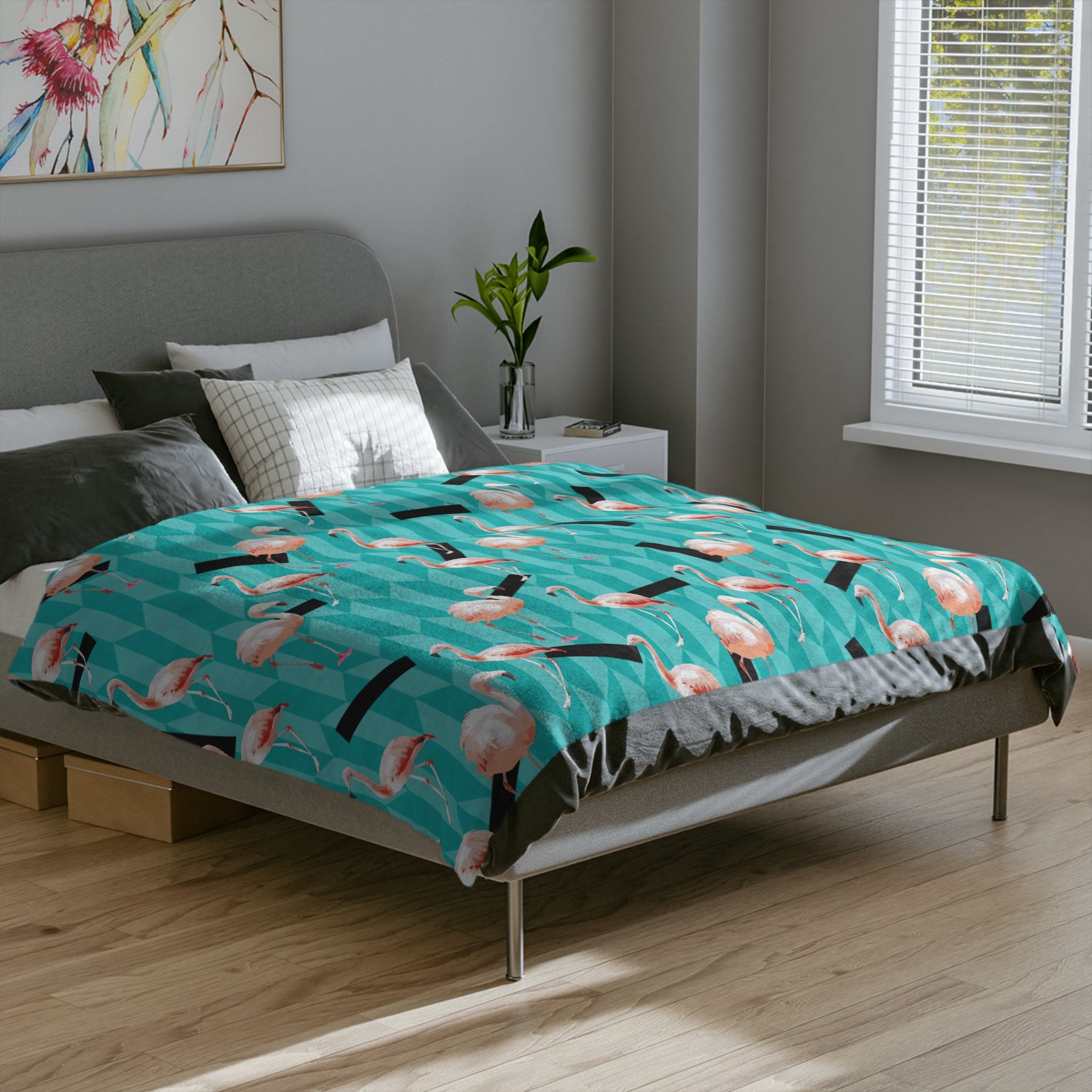 Taffy Flamingos - Fleece Blanket - On Bed.png