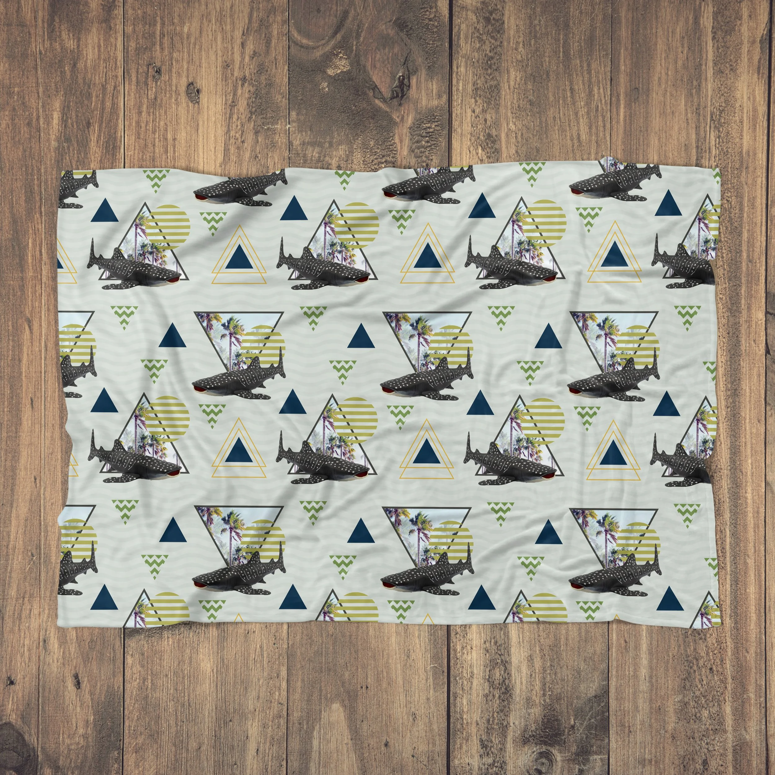 Florida Palms and Whale Sharks - Fleece Blanket on Wood Floor.jpg