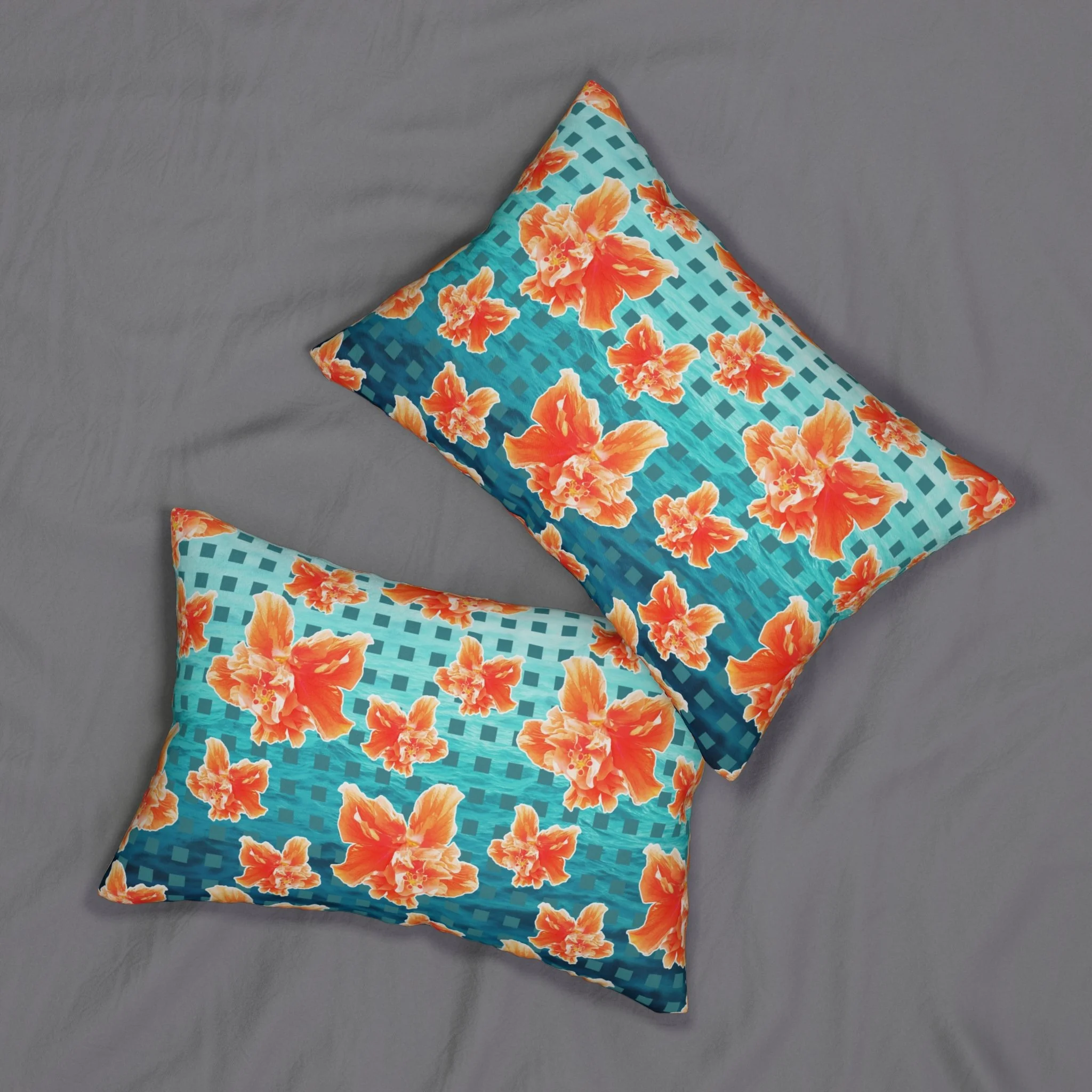 Checkered Orange Hibiscus on Turquoise Waters - Lumbar Pillows on Bed.png