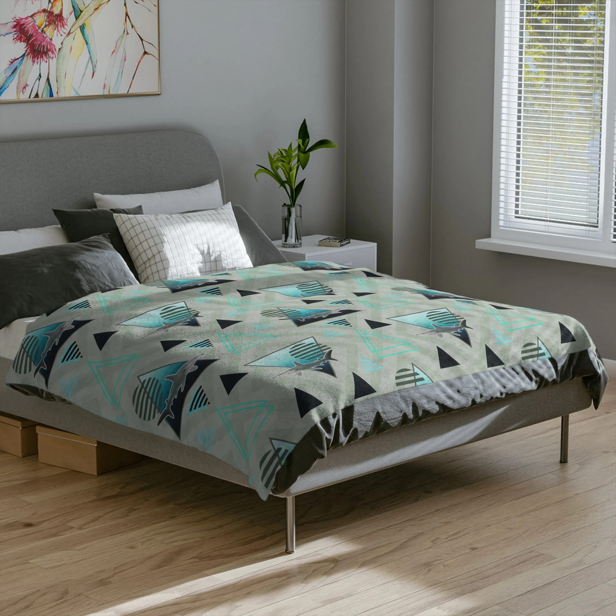 Aquamarine Hammerheads - Fleece Blanket - On Bed.png