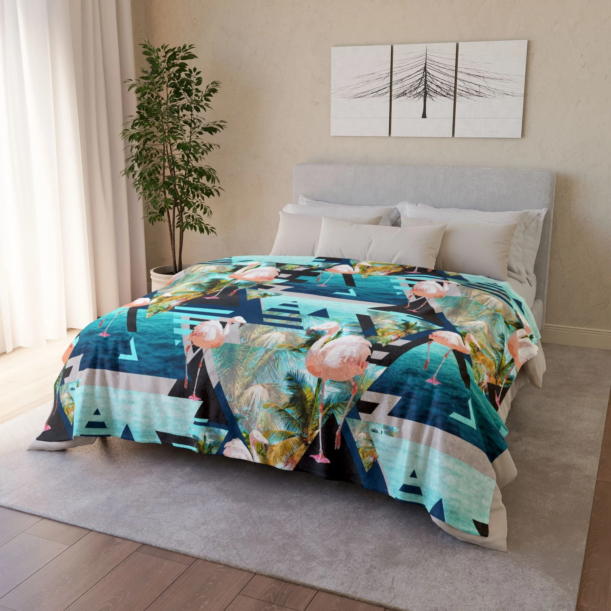 Turquoise Flamingos - Fleece Blanket on Bed 2.png