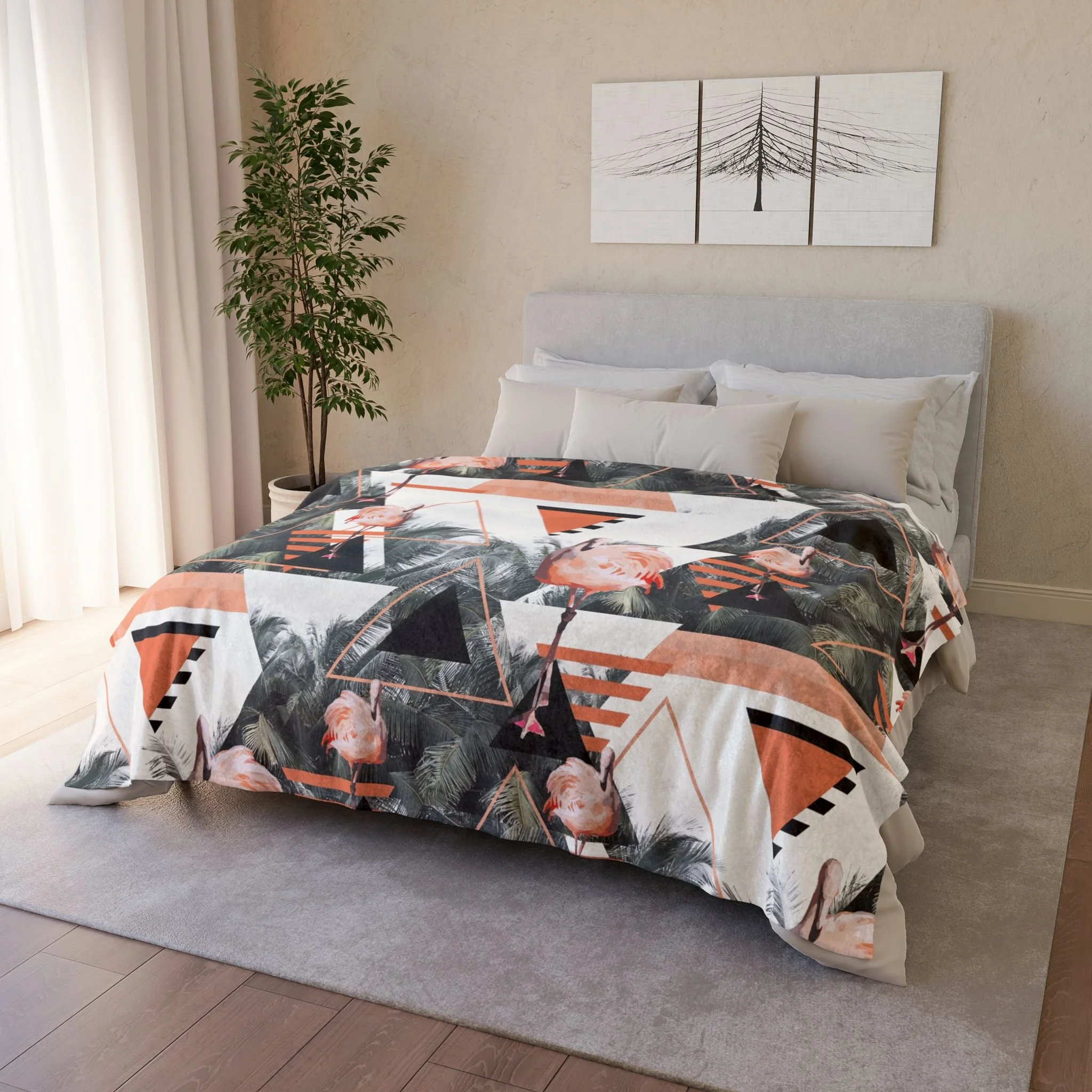 Black Beach Flamingos - Fleece Blanket - On Bed 2.png