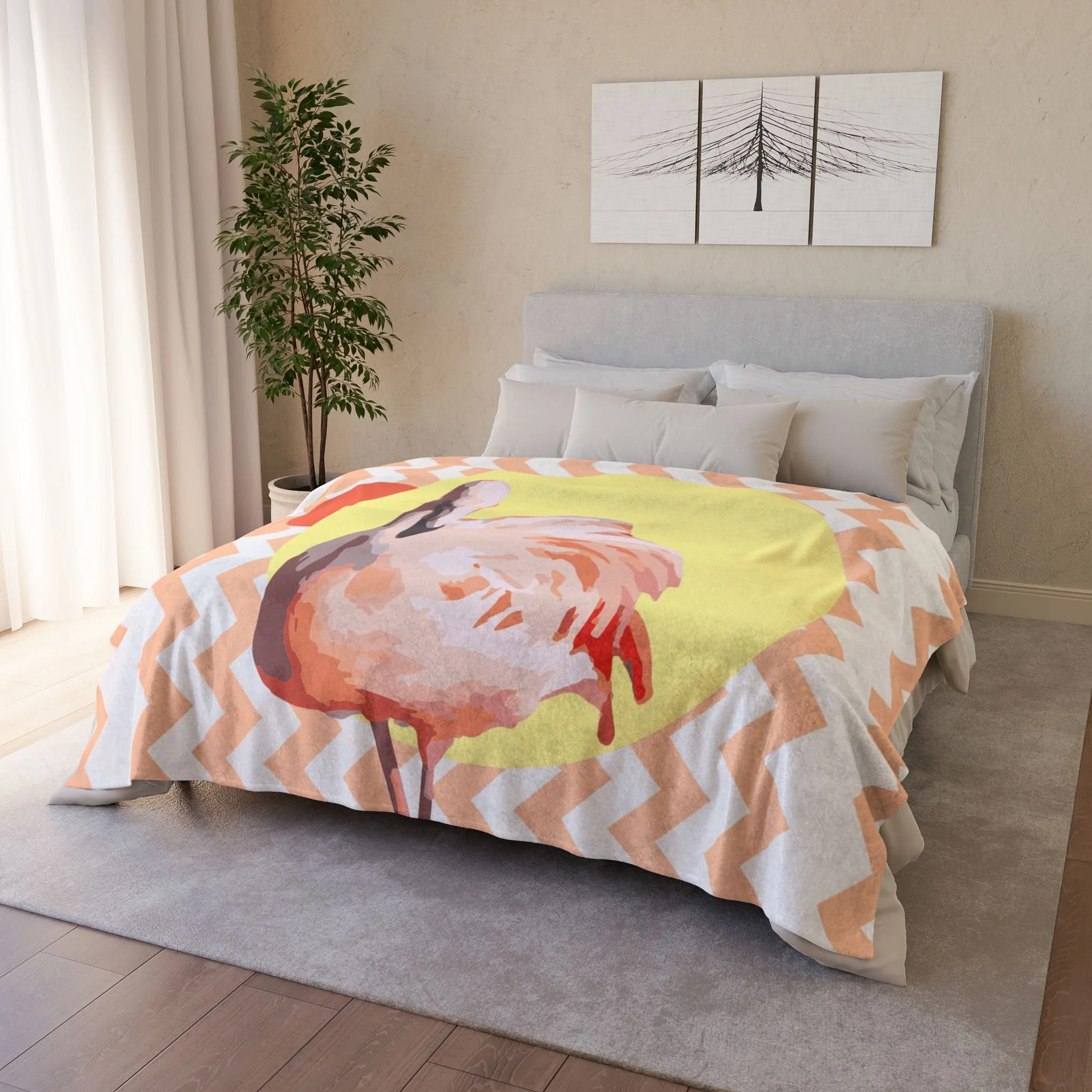 Zig Zag Flamingo - Fleece Blanket - On Bed 2.png