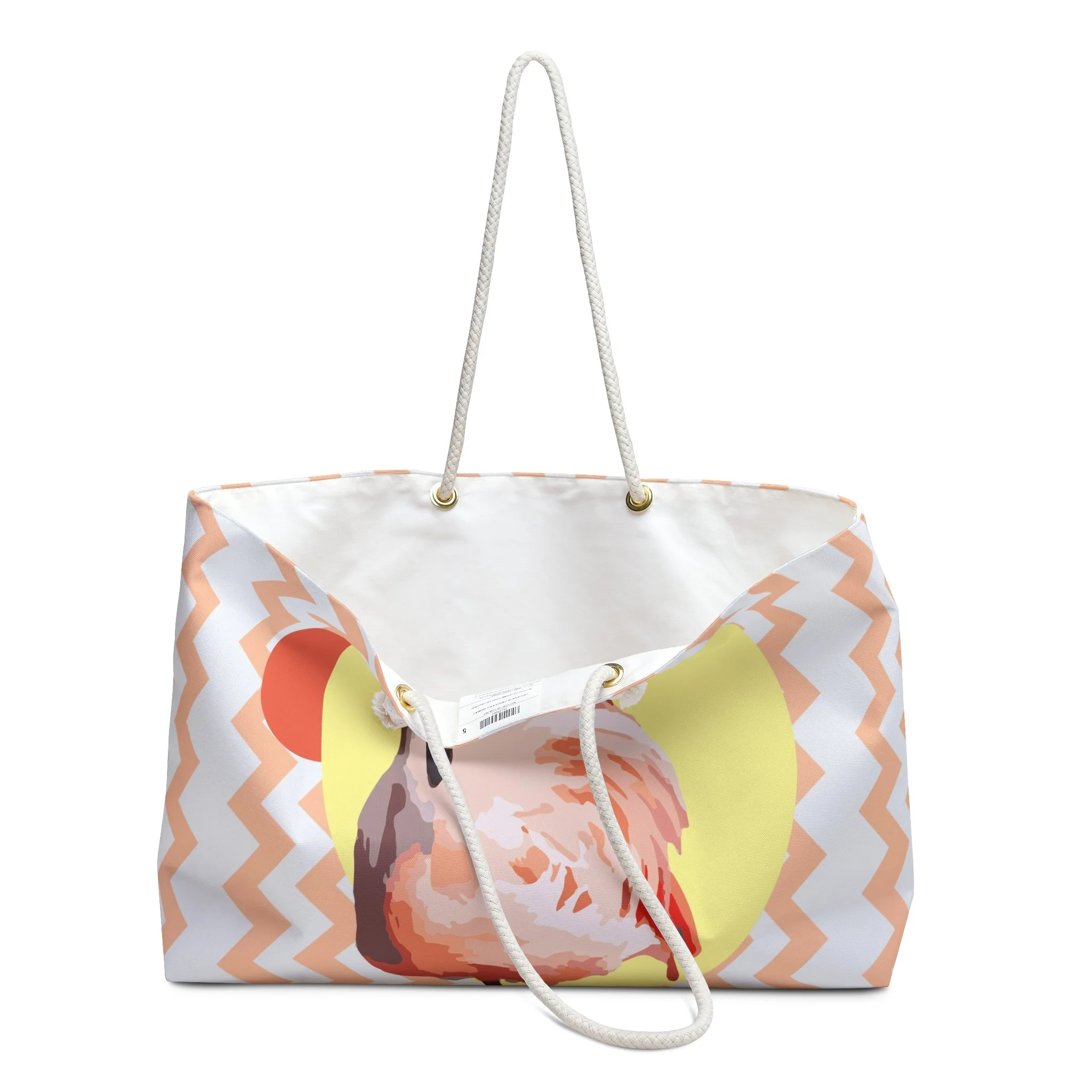 Zig Zag Flamingo - Weekender Rope Handle Bag Open.png