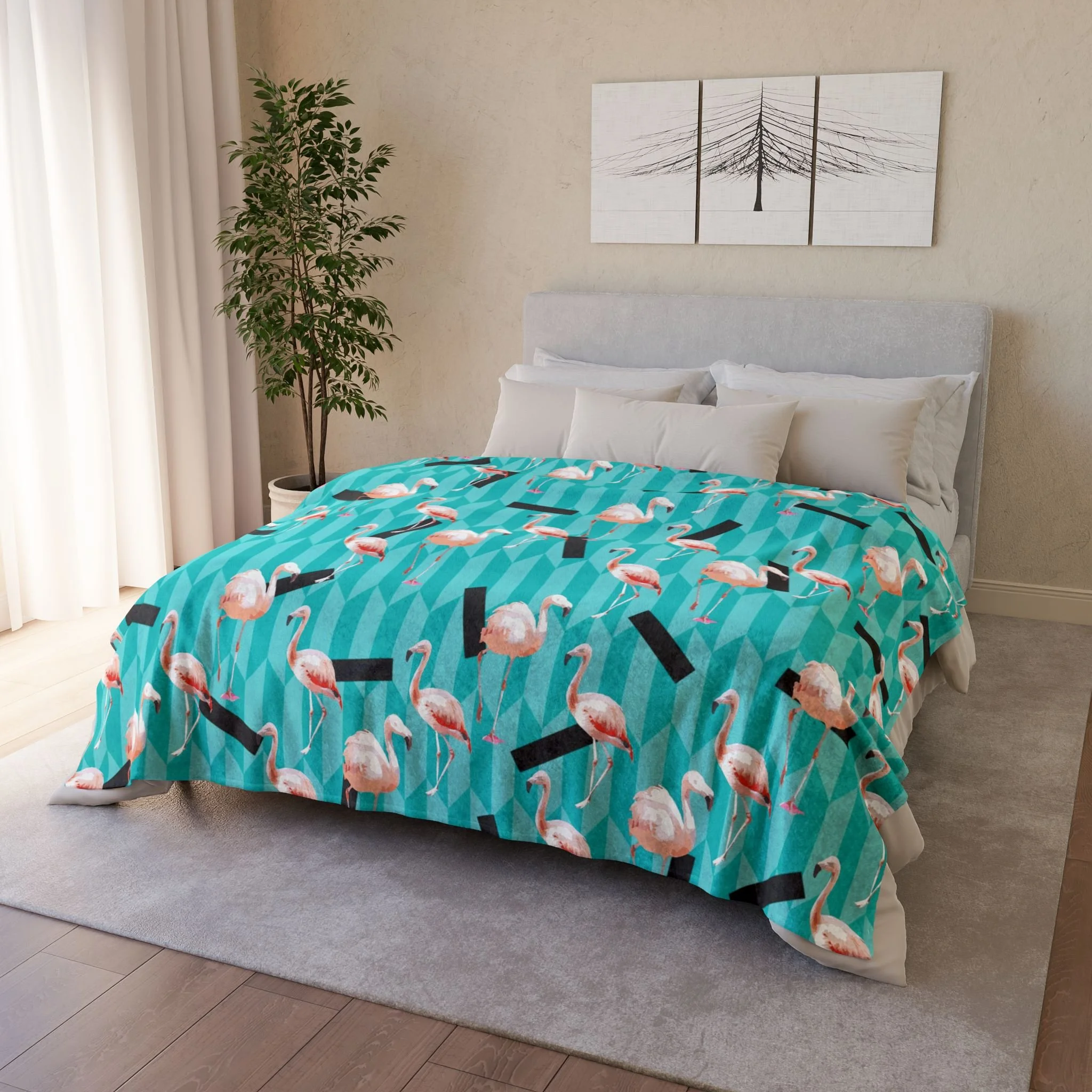 Taffy Flamingos - Fleece Blanket - On Bed 2.png