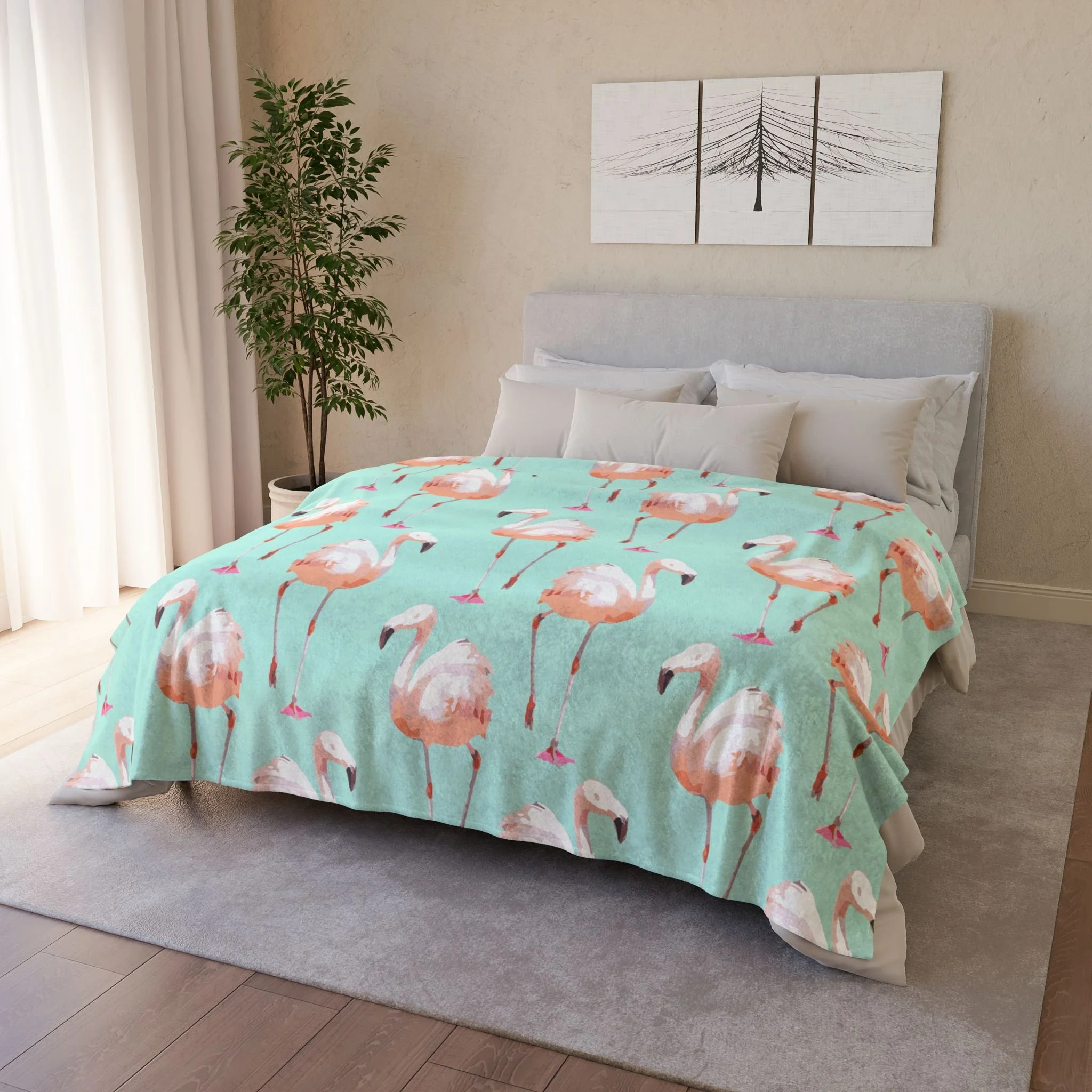 Walking Flamingos (Seafoam) - Fleece Blanket on Bed 2.png