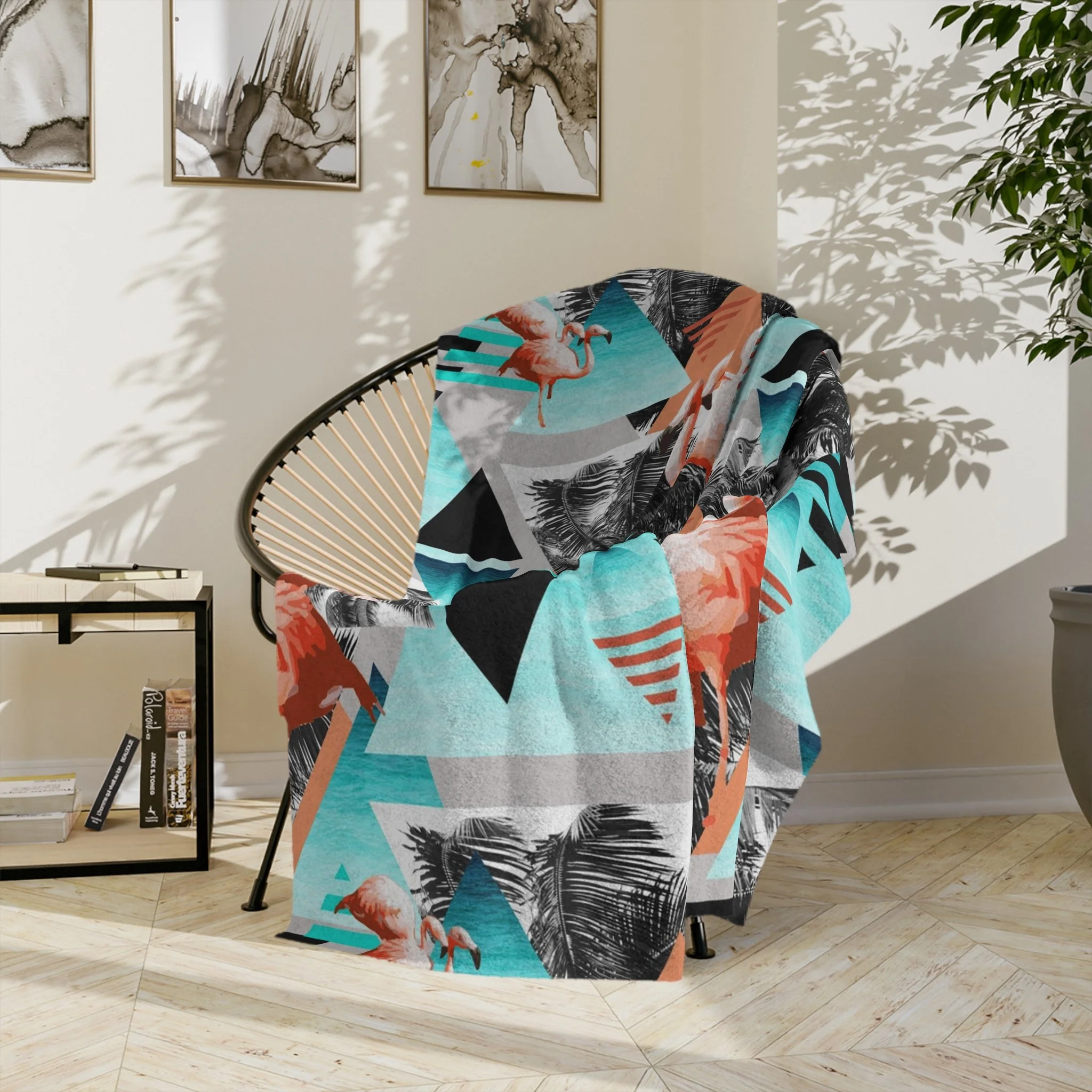 Paradise Flamingos - Fleece Blanket - On Wicker Basket Chair.png