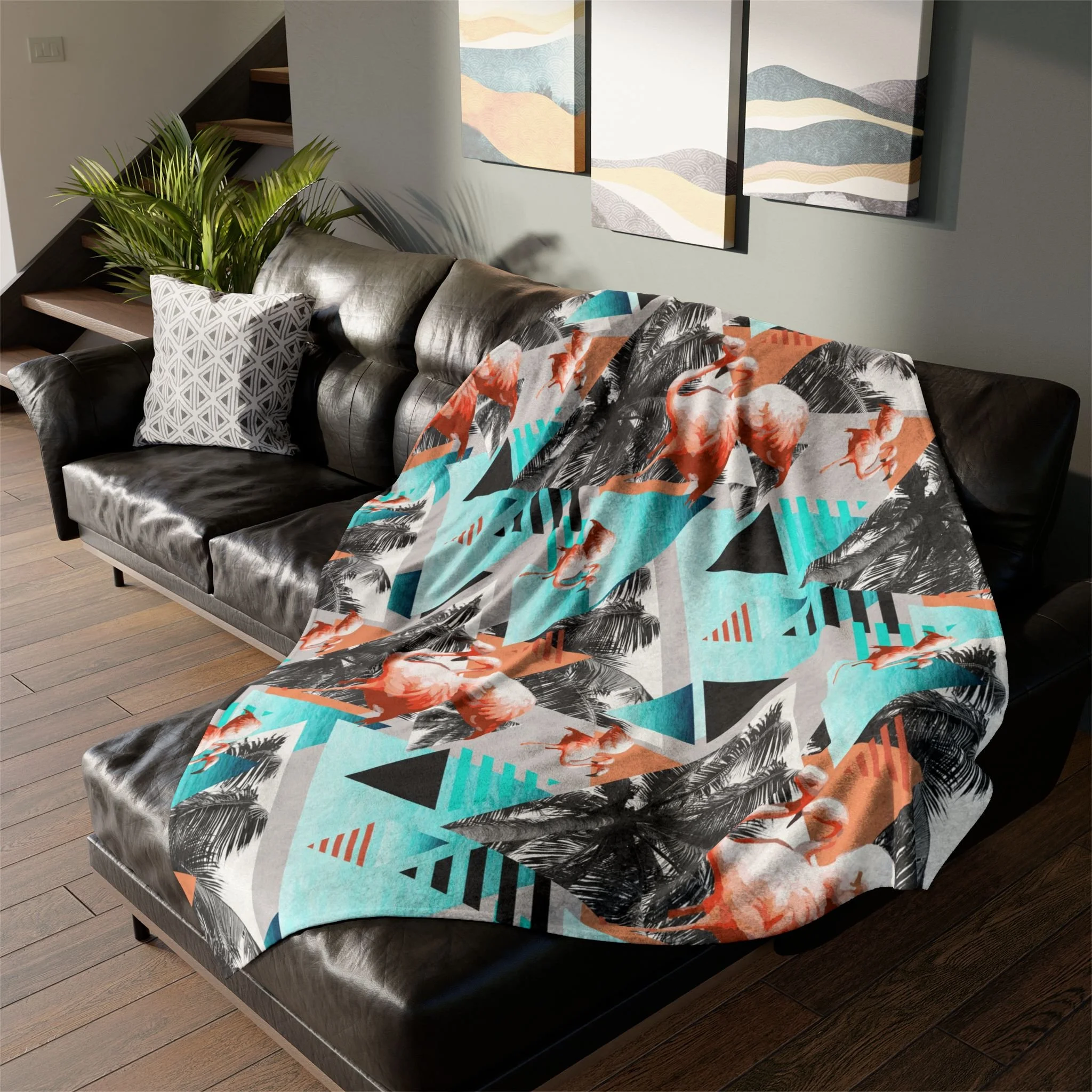 Paradise Flamingos - Fleece Blanket on L-Shaped Sectional.png