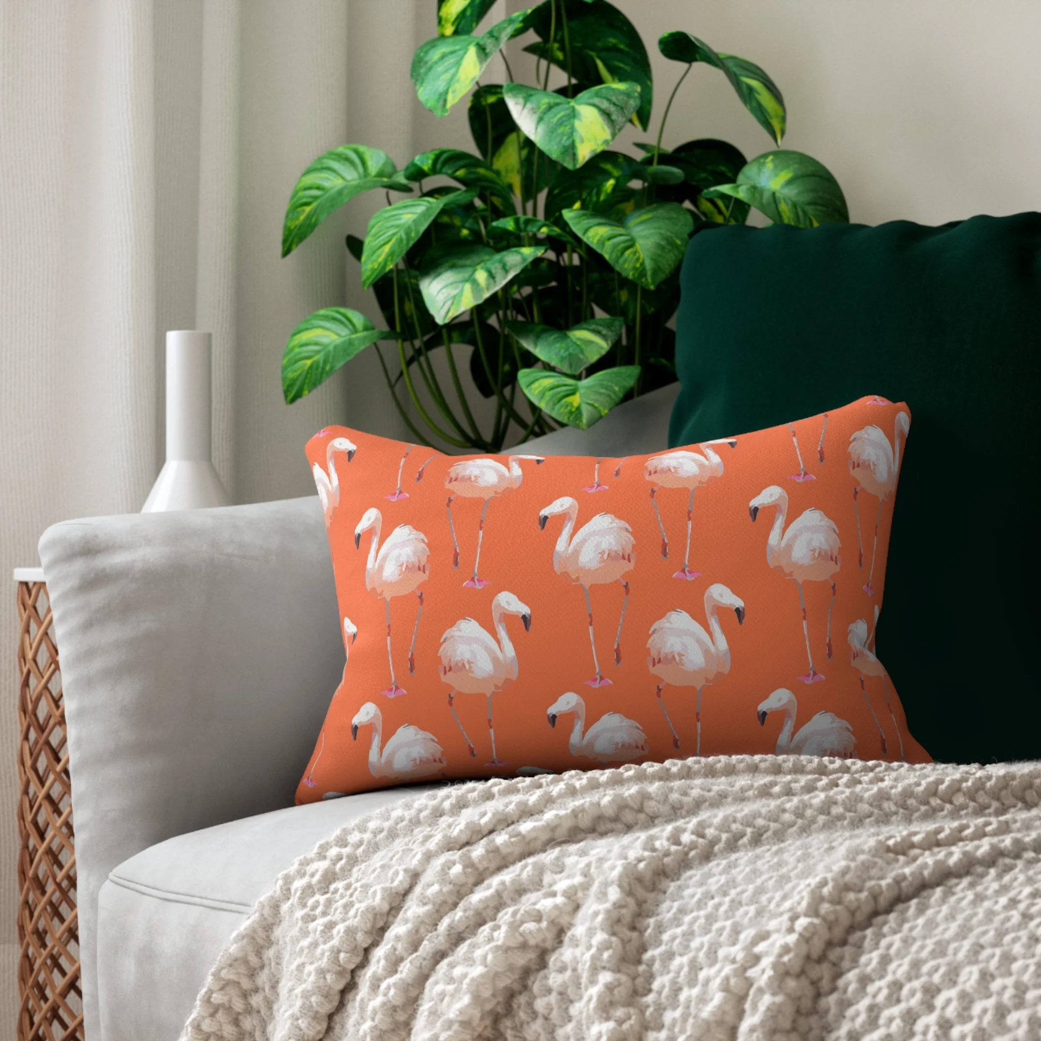 Walking Flamingos (Coral) - Lumbar Pillow on Couch.png
