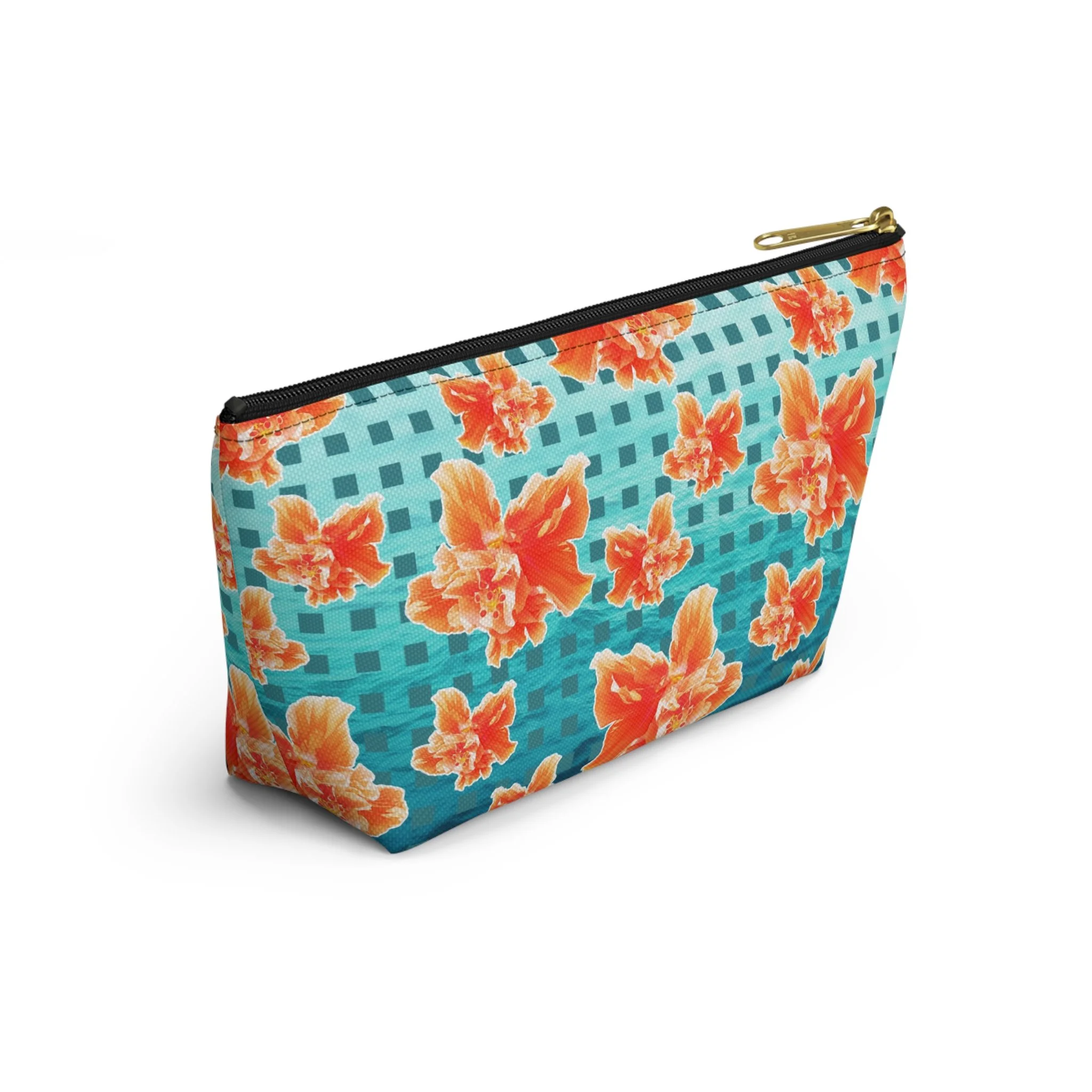 Checkered Orange Hibiscus on Turquoise Waters - T-Bottom Accessory Pouch (Small) Back Side.png