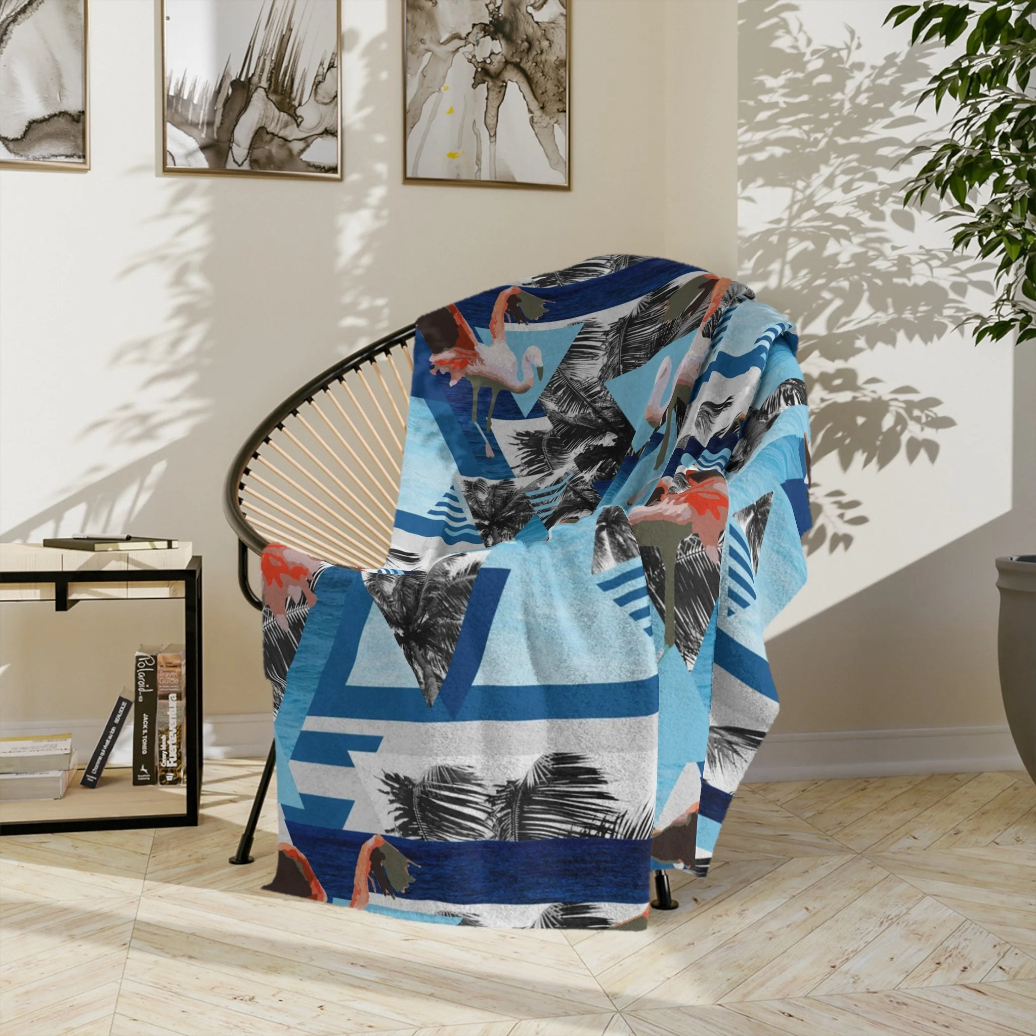 Caribbean Blue Flamingos - Fleece Blanket on Wicker Basket Chair.png