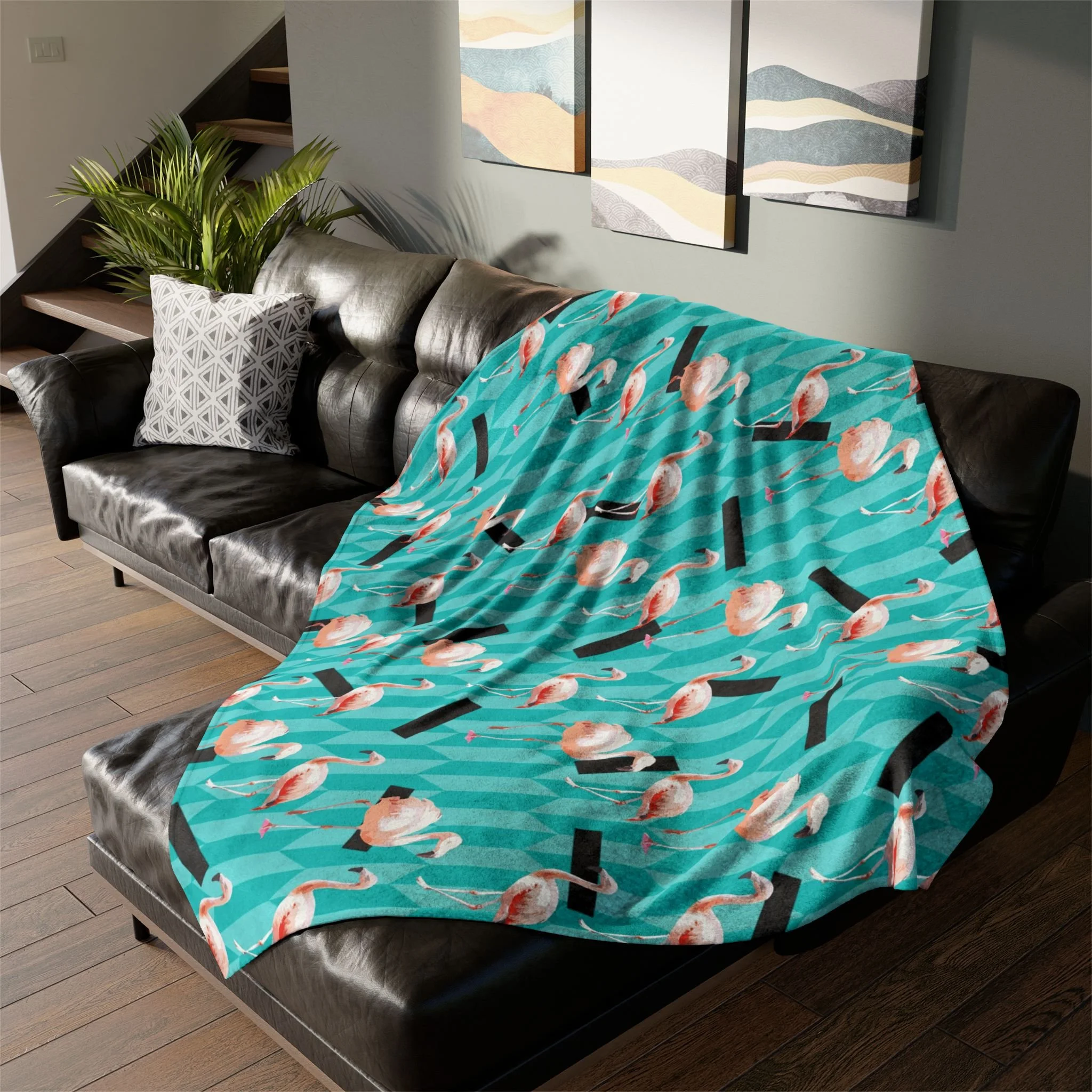 Taffy Flamingos - Fleece Blanket on L-Shaped Sectional.png