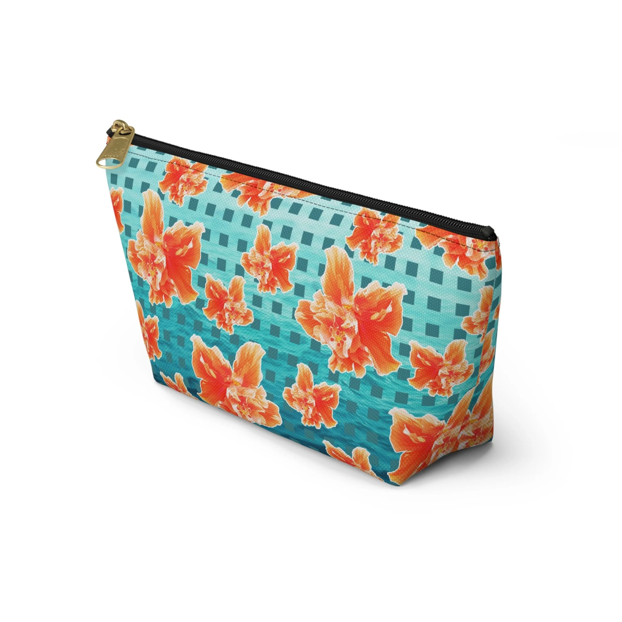 Checkered Orange Hibiscus on Turquoise Waters - T-Bottom Accessory Pouch (Small) Front Side.png