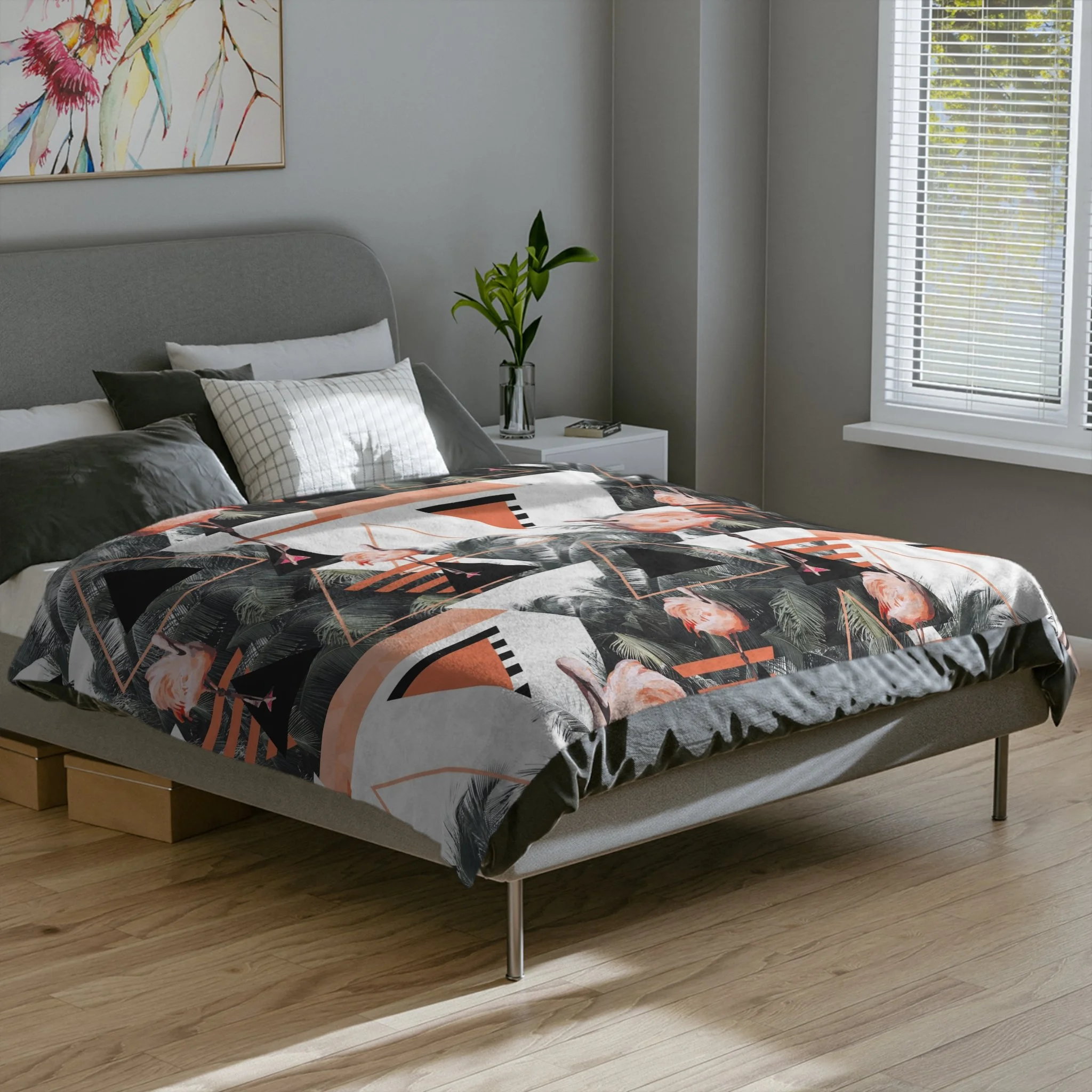 Black Beach Flamingos - Fleece Blanket - On Bed.png