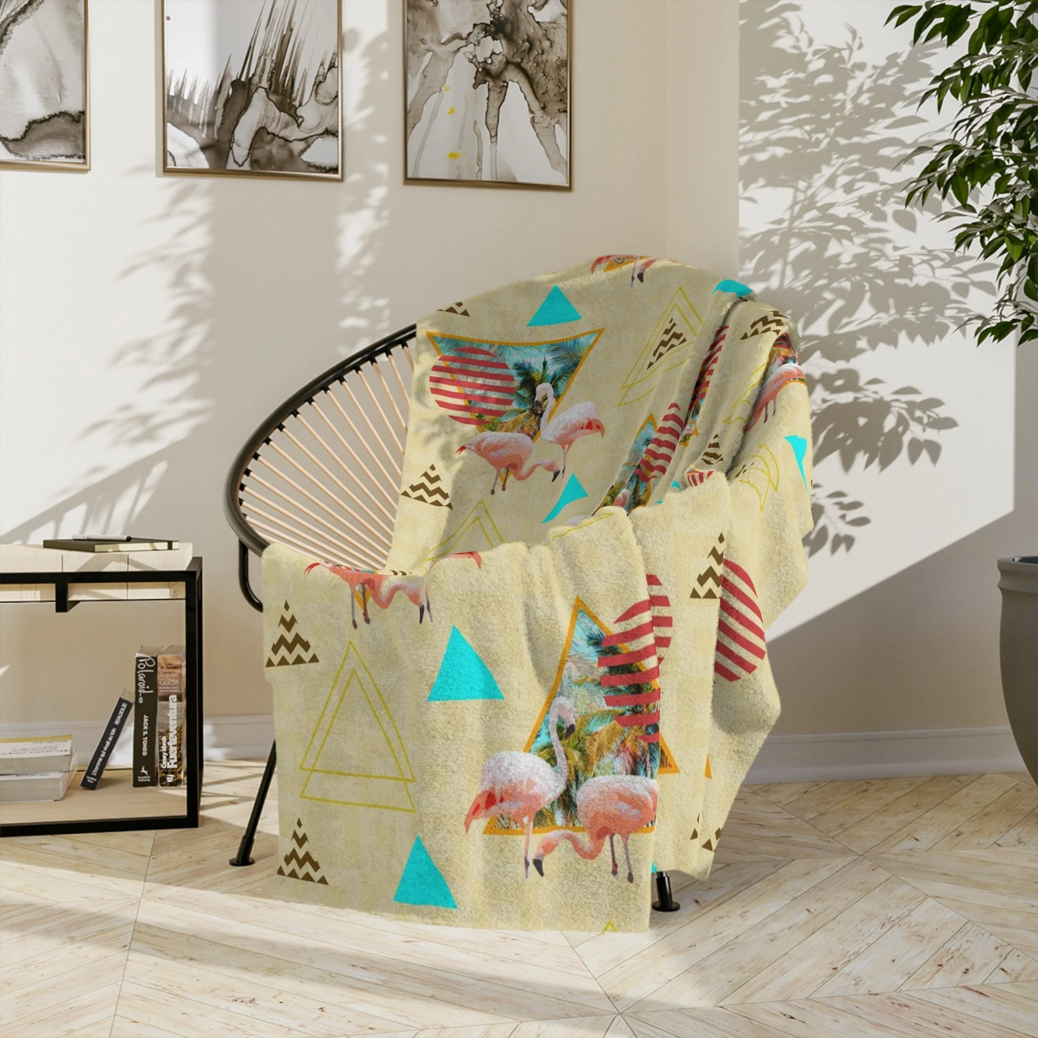 Loving Flamingos - Fleece Blanket - On Wicker Basket Chair.png