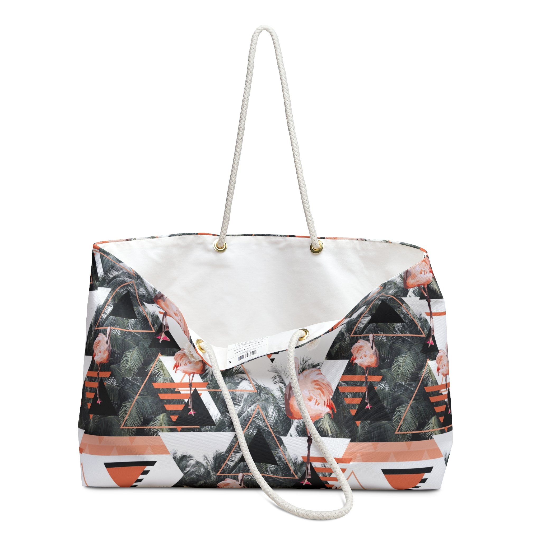 Black Beach Flamingos - Weekender Rope Handle Bag Open.png