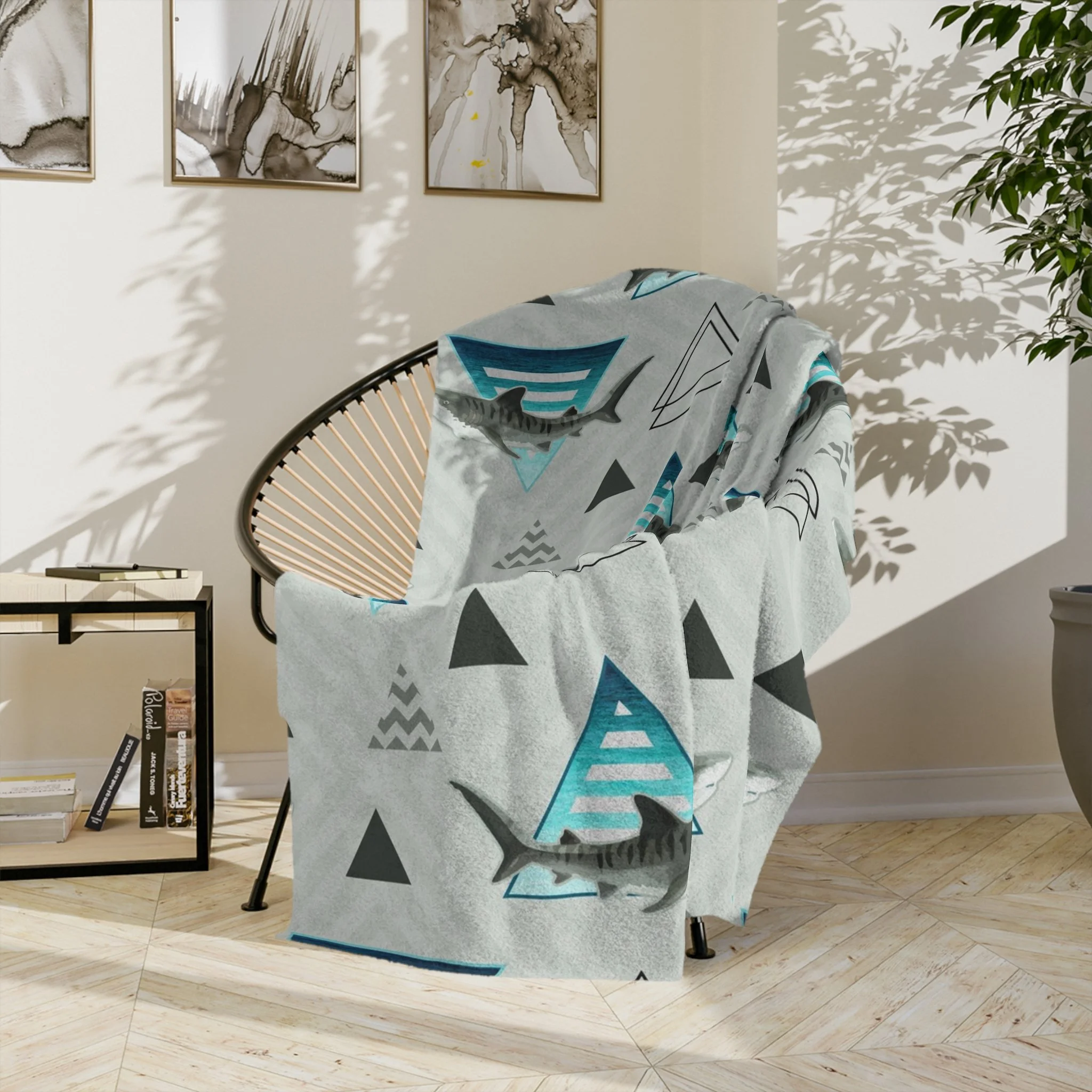 Grand Cayman Tiger Sharks - Fleece Blanket - On Wicker Basket Chair.png