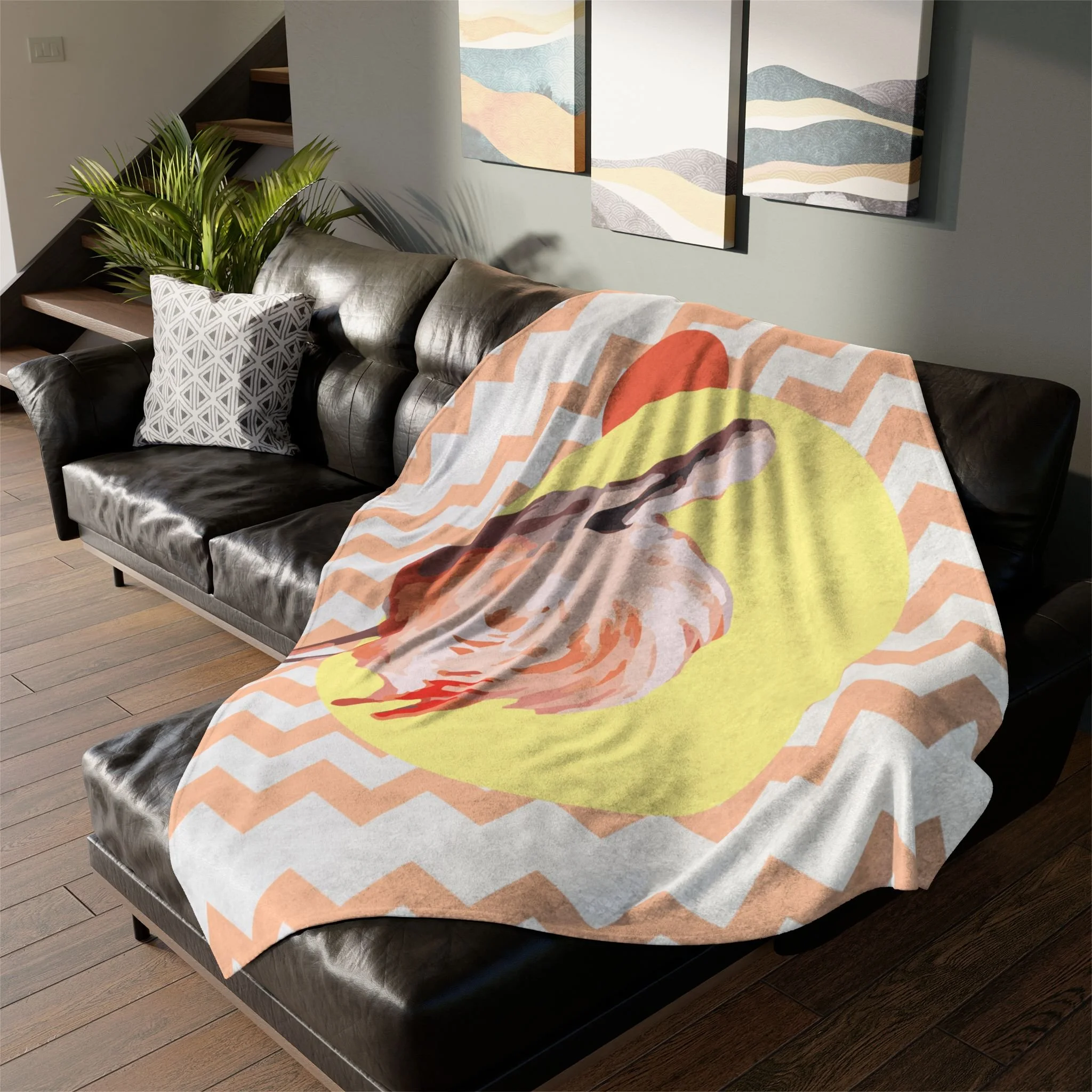 Zig Zag Flamingo - Fleece Blanket on L-Shaped Sectional.png