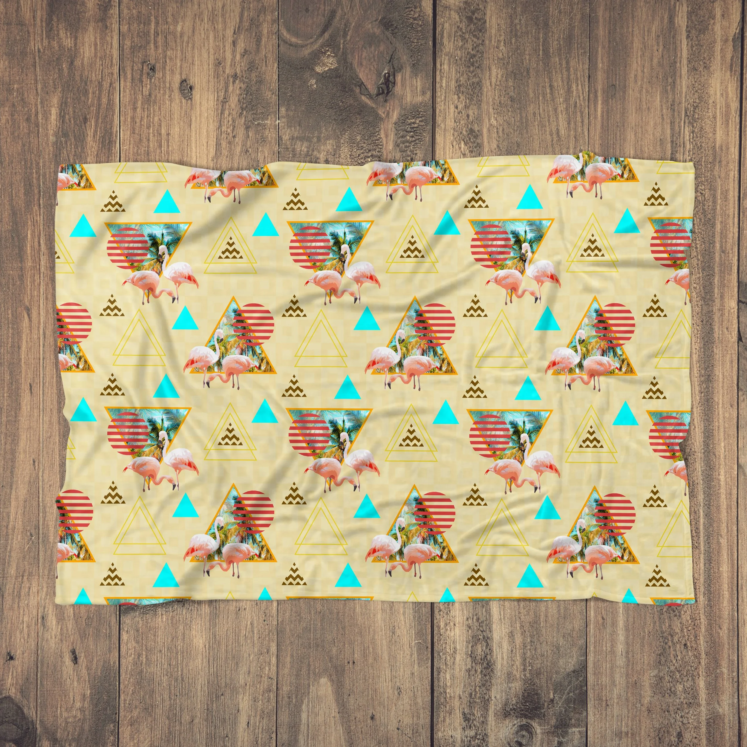 Loving Flamingos - Fleece Blanket on Wood Floor.jpg