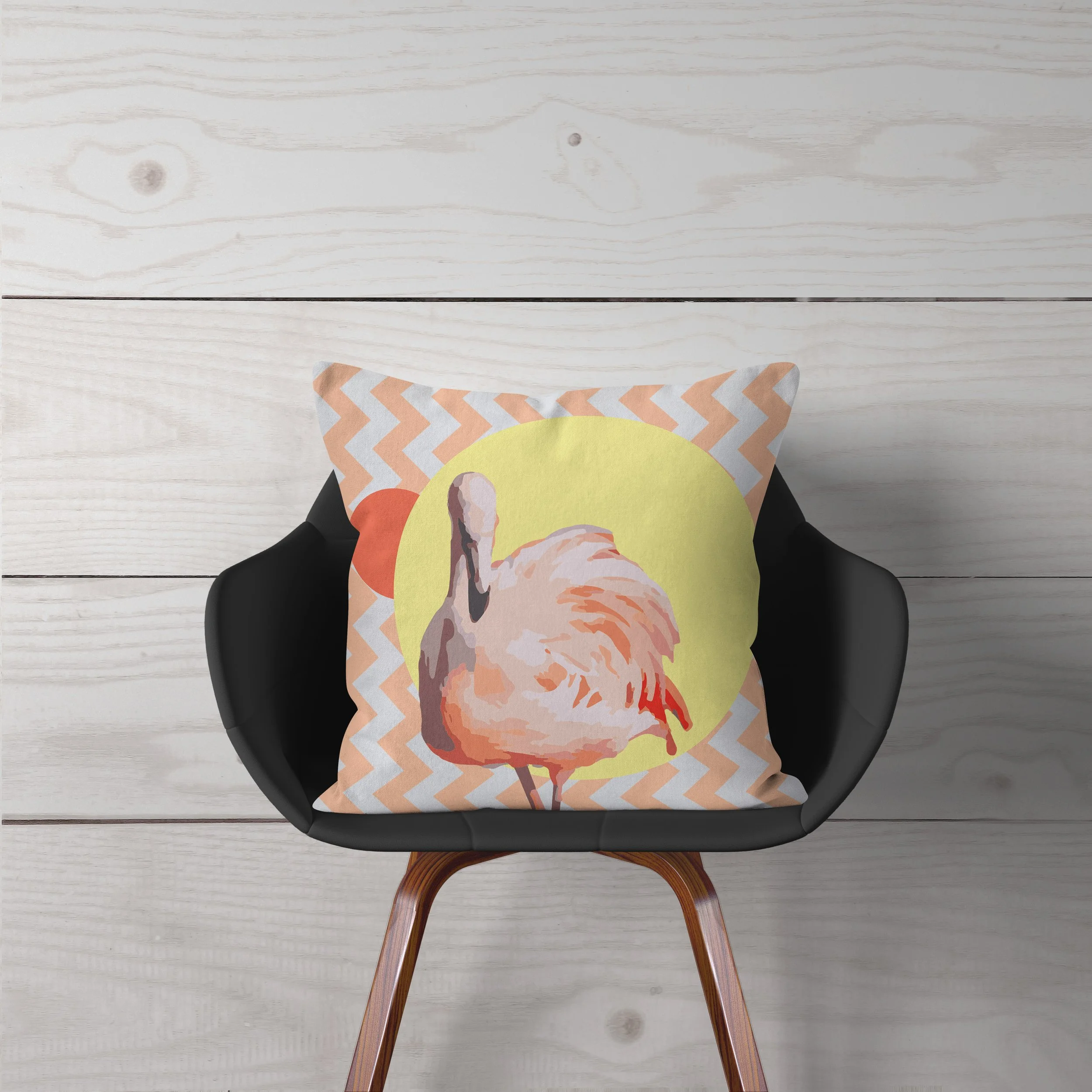Zig Zag Flamingo - Pillow on Chair - Wood Background.jpg