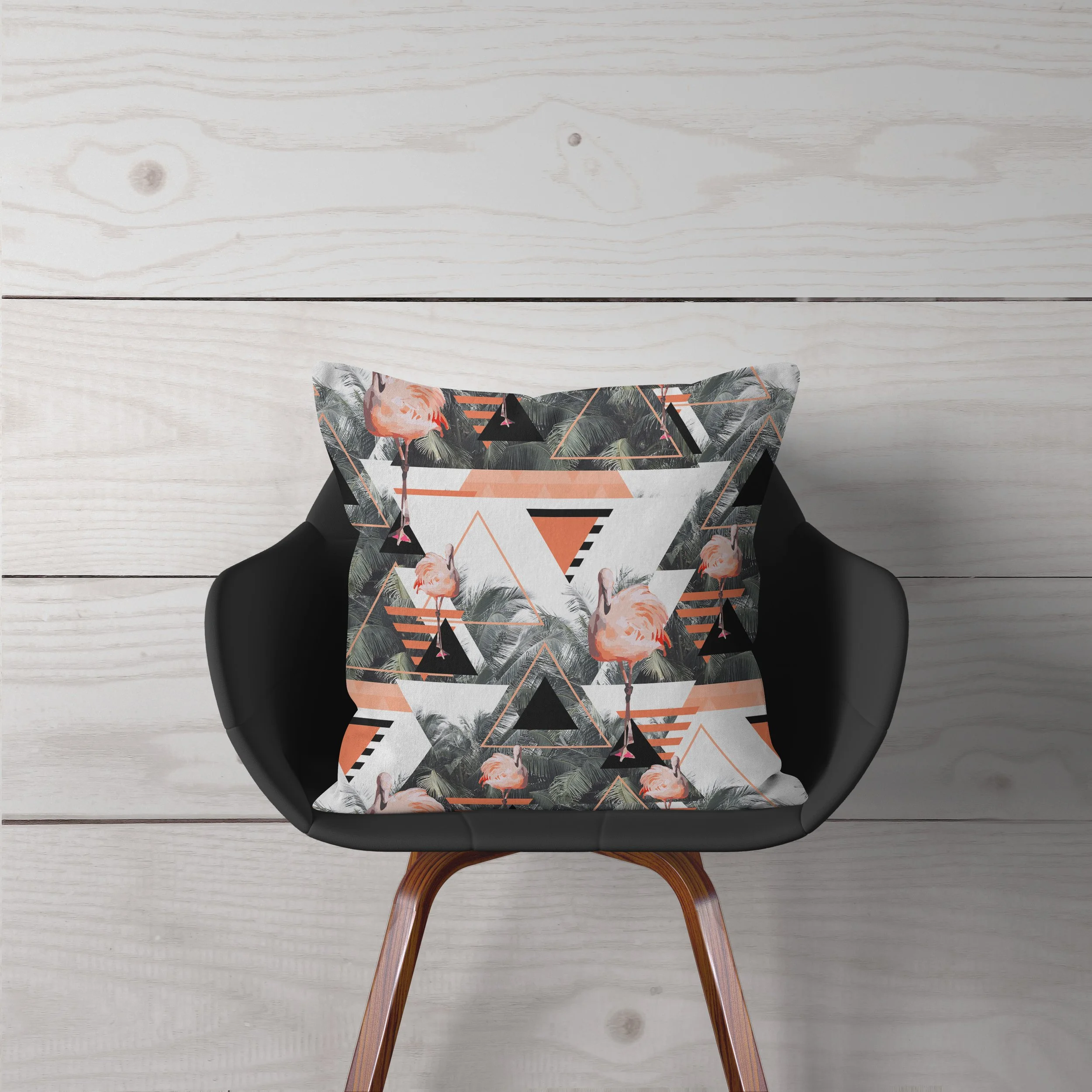 Black Beach Flamingos - Pillow on Chair - Wood Background.jpg