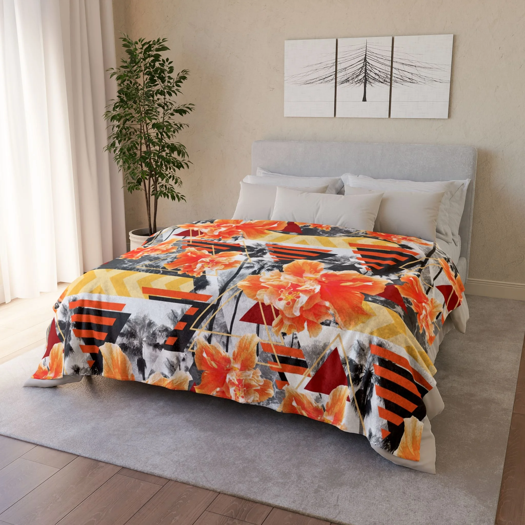 Wild Orange Hibiscus - Fleece Blanket - On Bed 2.png