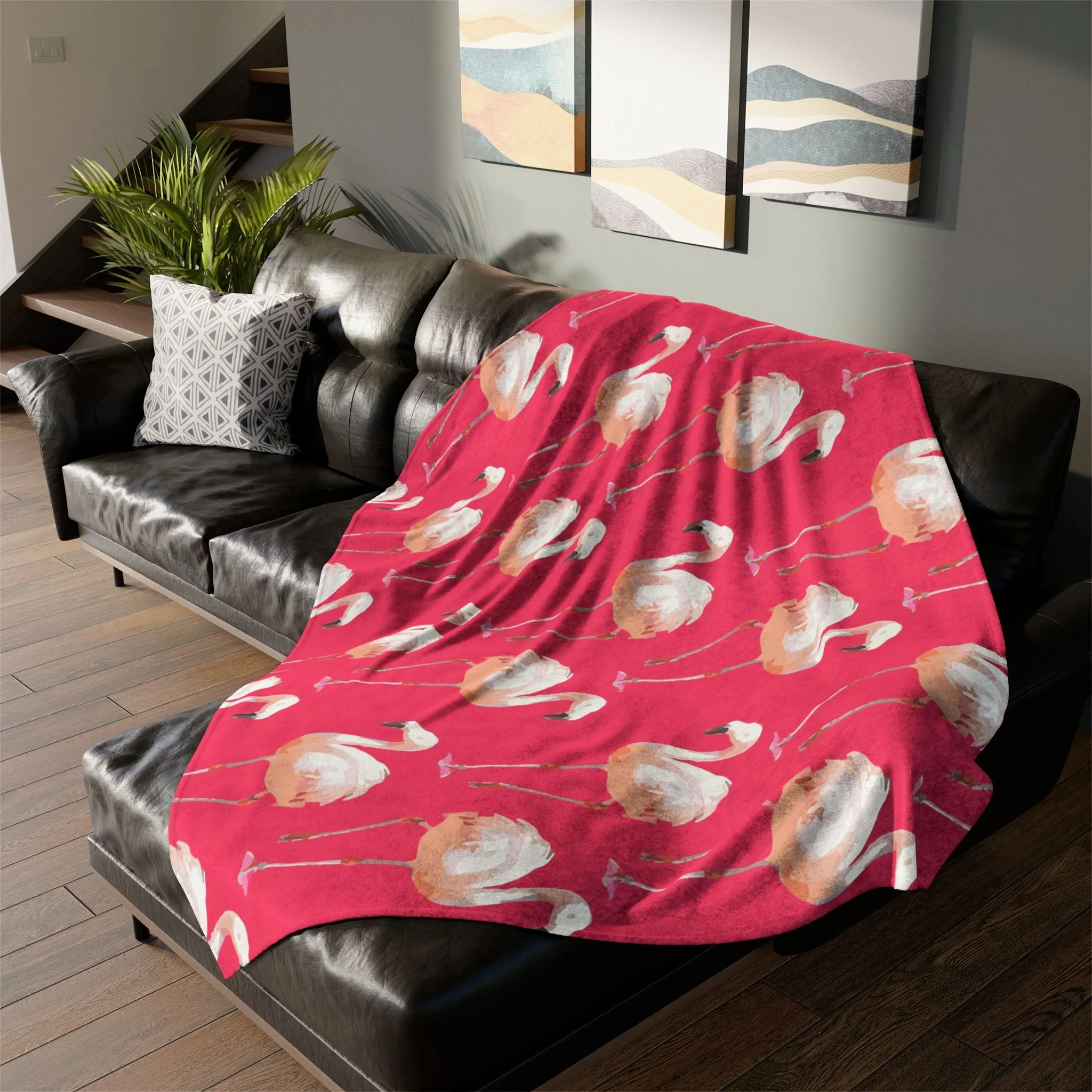 Walking Flamingos (Rose) - Fleece Blanket on L-Shaped Sectional.png
