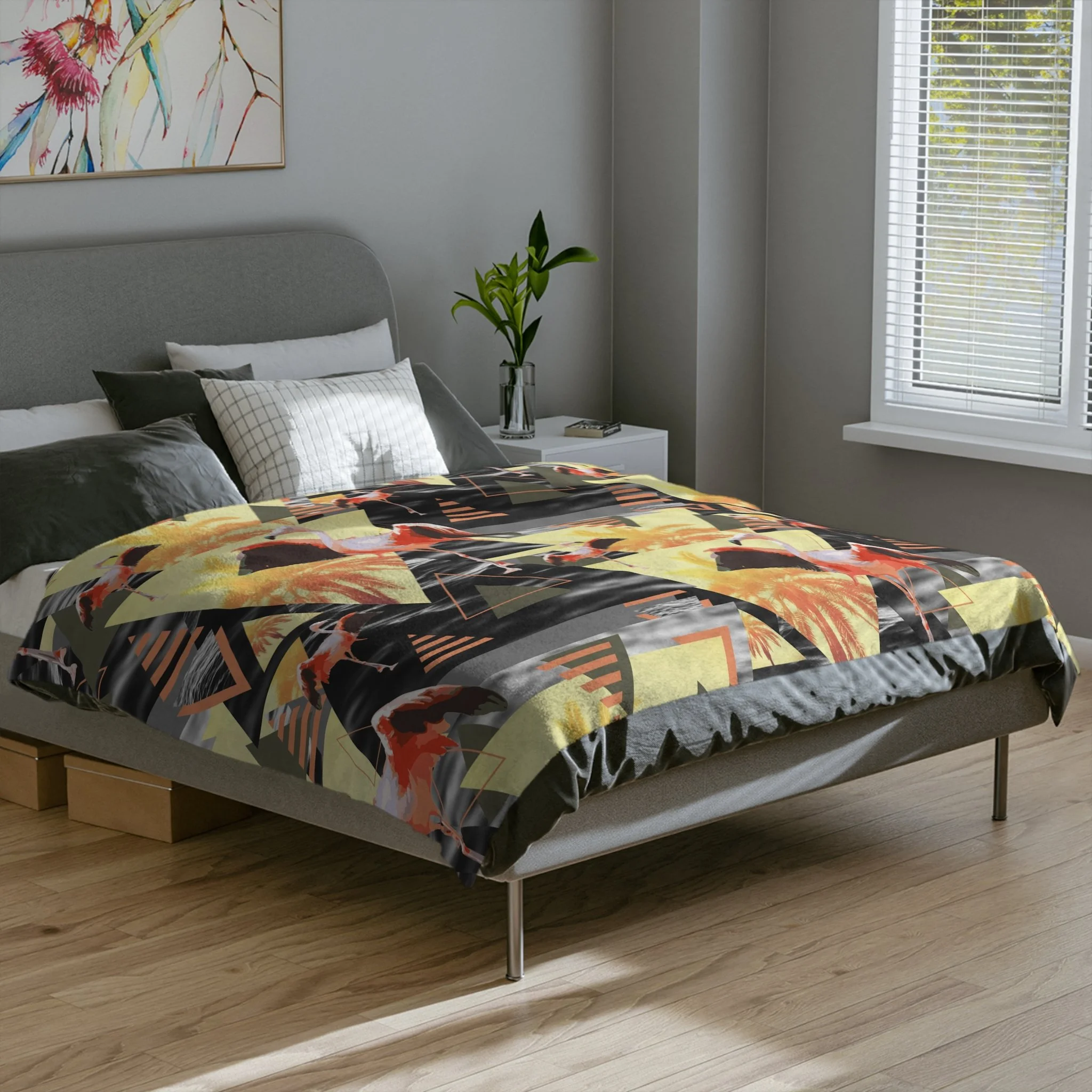 Golden Hour Flamingos - Fleece Blanket on Bed.png