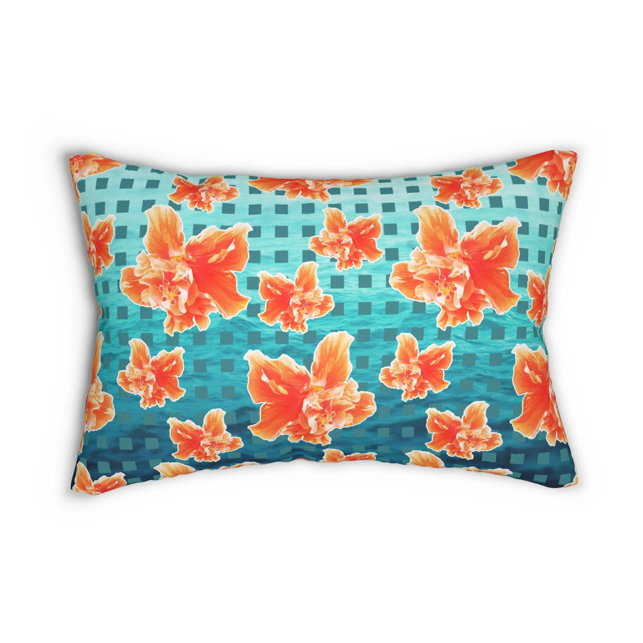Checkered Orange Hibiscus on Turquoise Waters - Lumbar Pillow.png