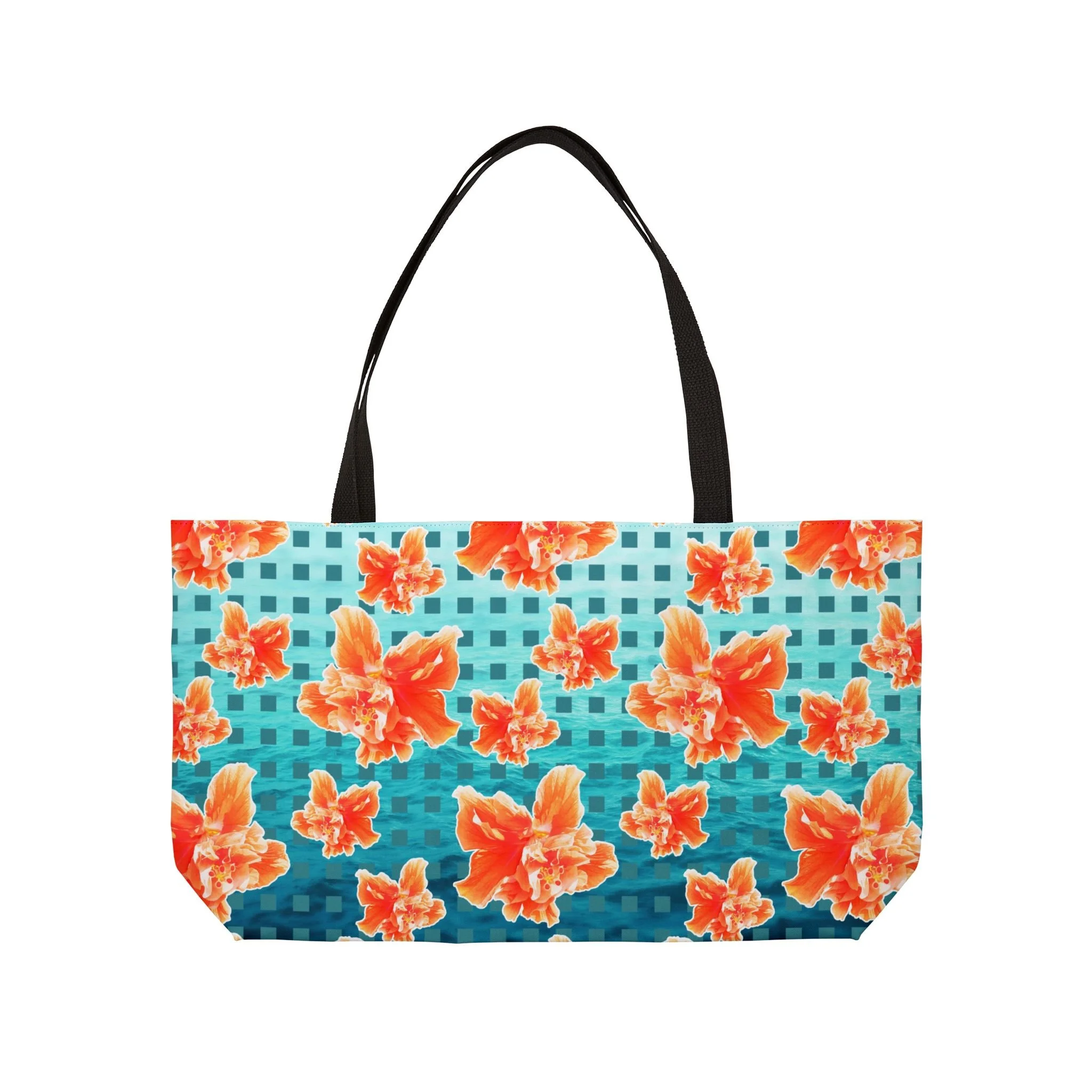 Checkered Orange Hibiscus on Turquoise Waters - Weekender Bag Front.png