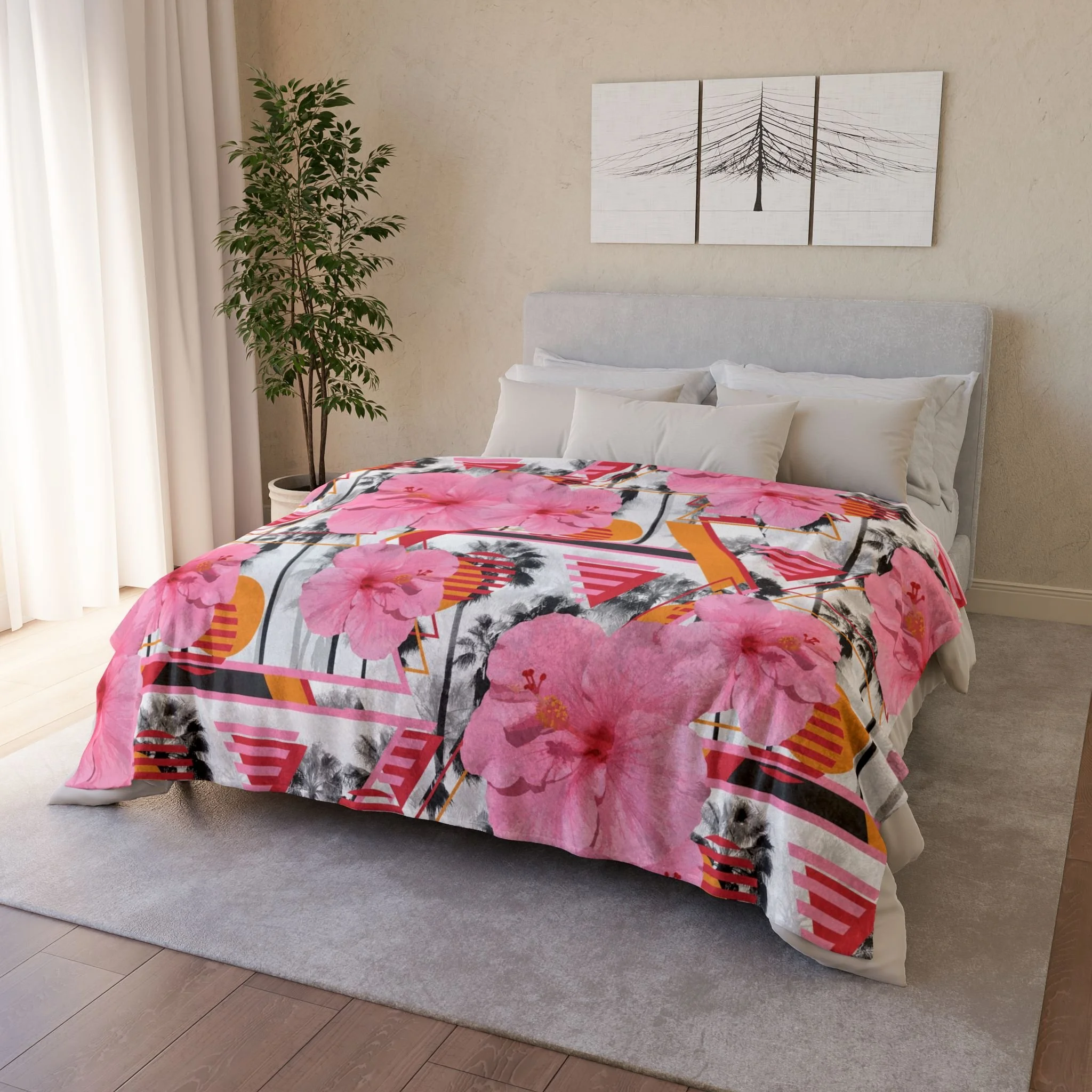 Sunset Pink Hibiscus Flowers - Fleece Blanket on Bed 2.png