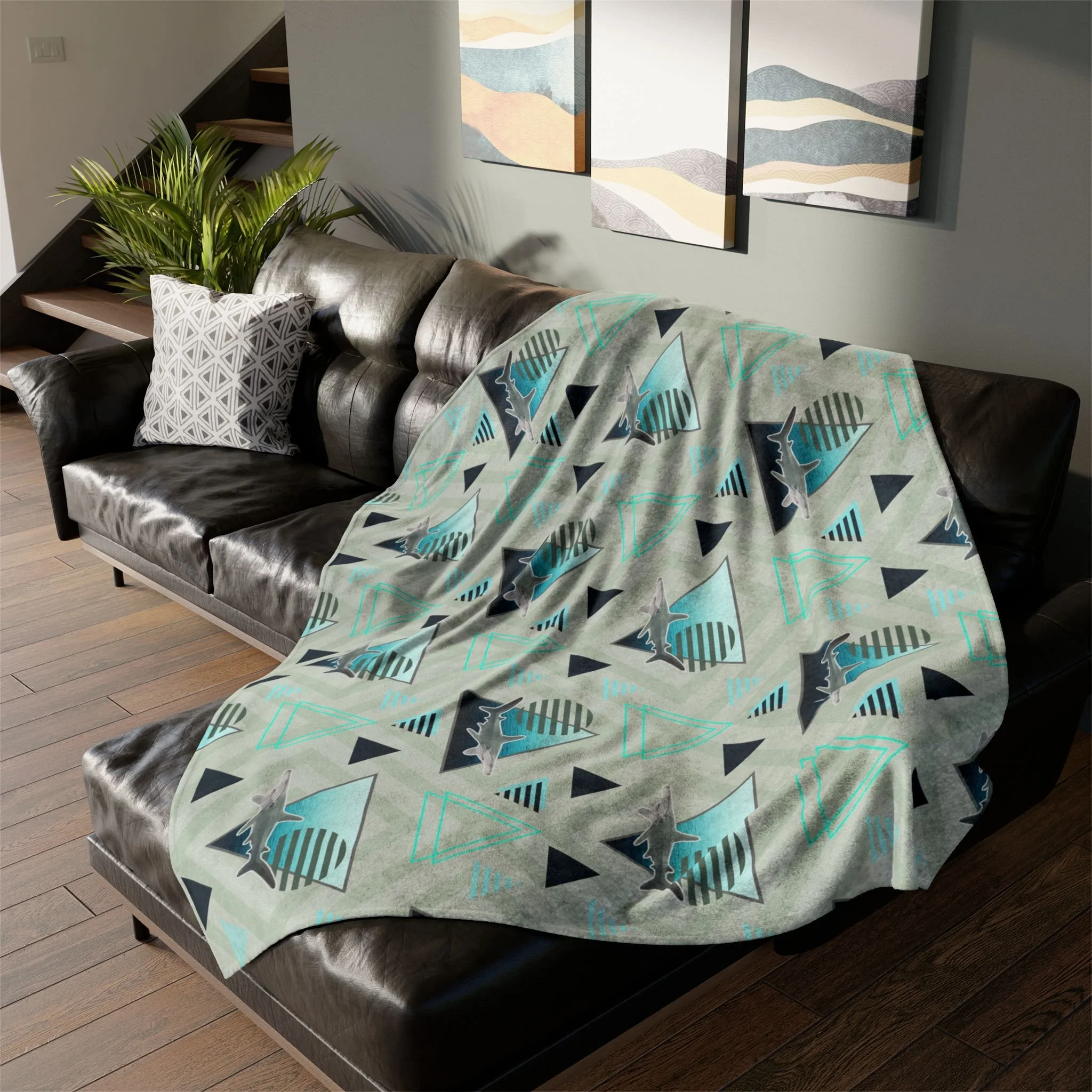 Aquamarine Hammerheads - Fleece Blanket on L-Shaped Sectional.png