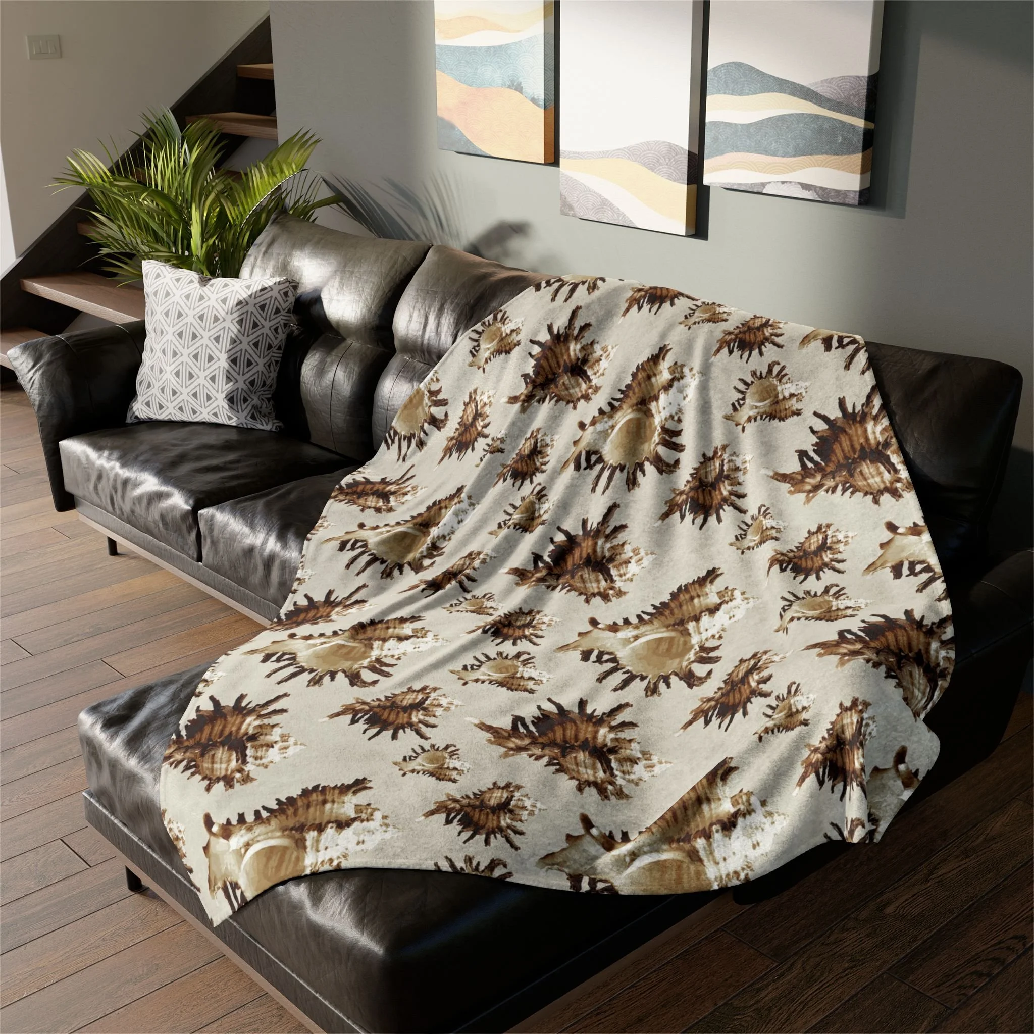 Spiky Conches (on Light Grayish Yellow) - Fleece Blanket on L-Shaped Sectional.png