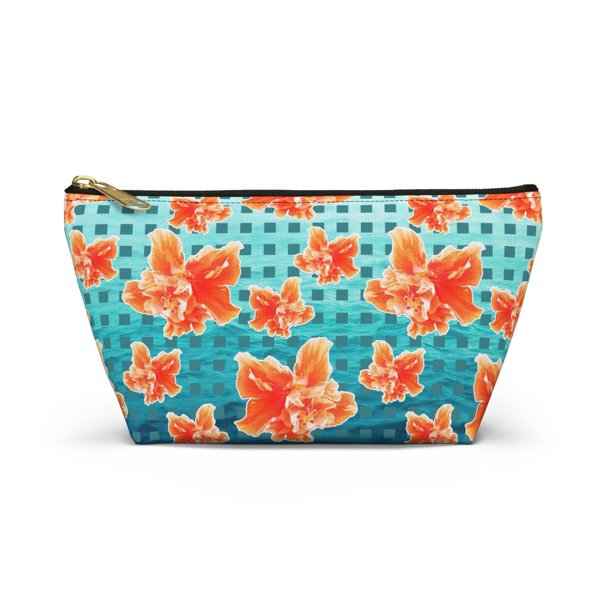 Checkered Orange Hibiscus on Turquoise Waters - T-Bottom Accessory Pouch (Small) Front.png