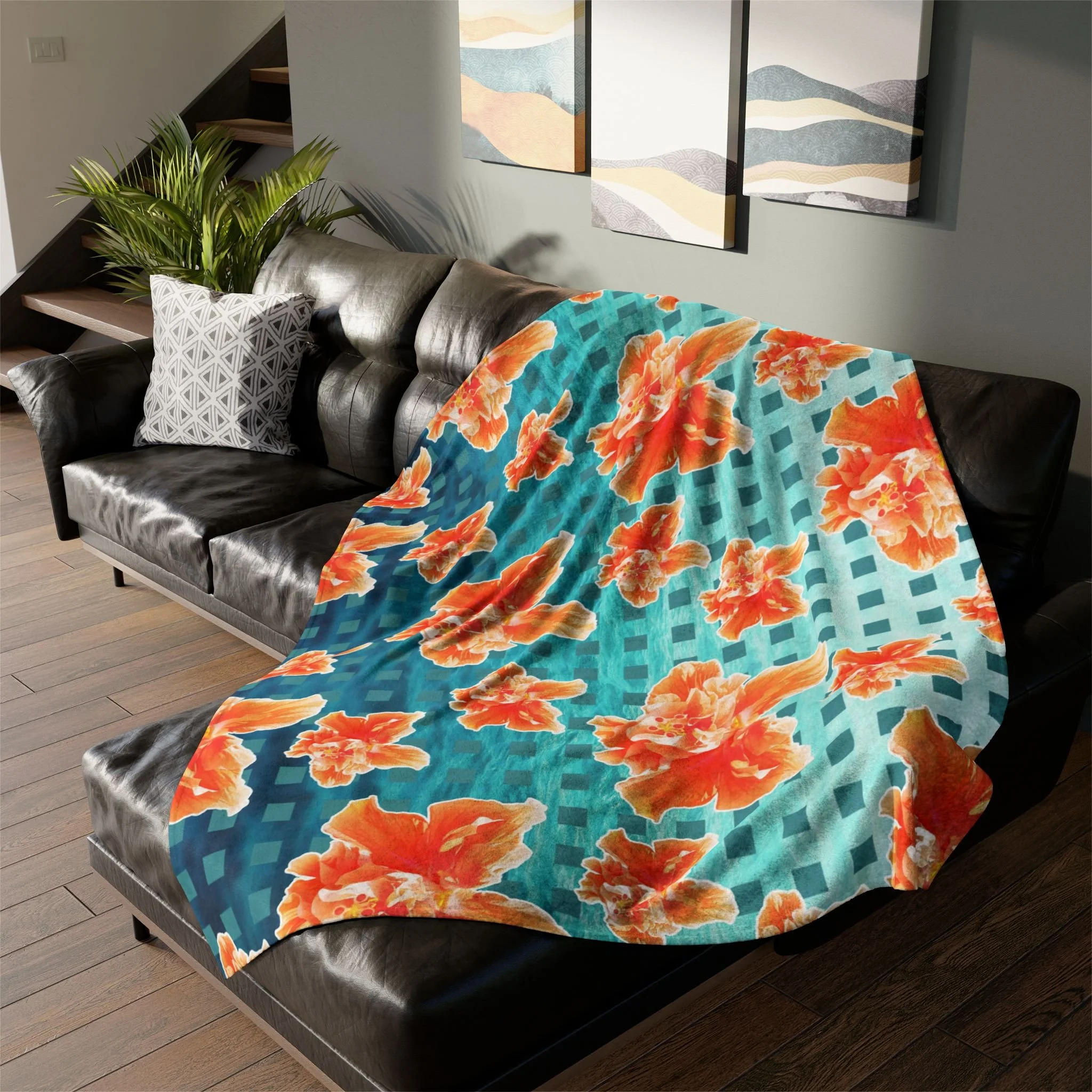 Checkered Orange Hibiscus on Turquoise Waters - Fleece Blanket on L-Shaped Sectional.png