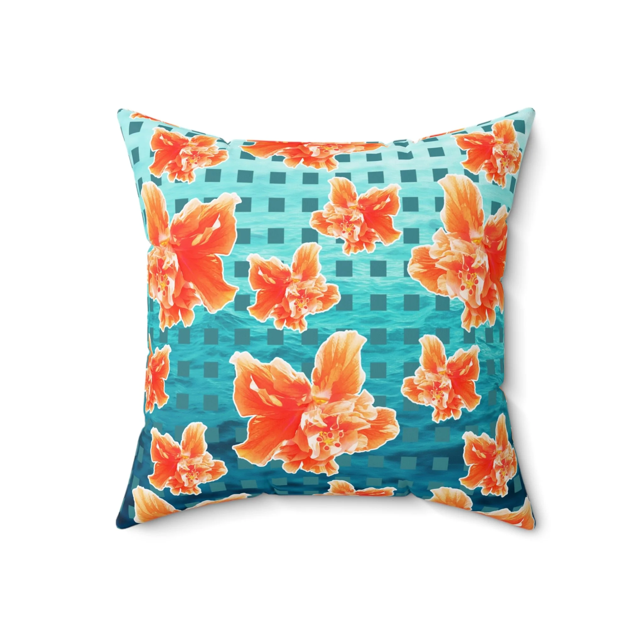 Checkered Orange Hibiscus on Turquoise Waters - Throw Pillow Front.png