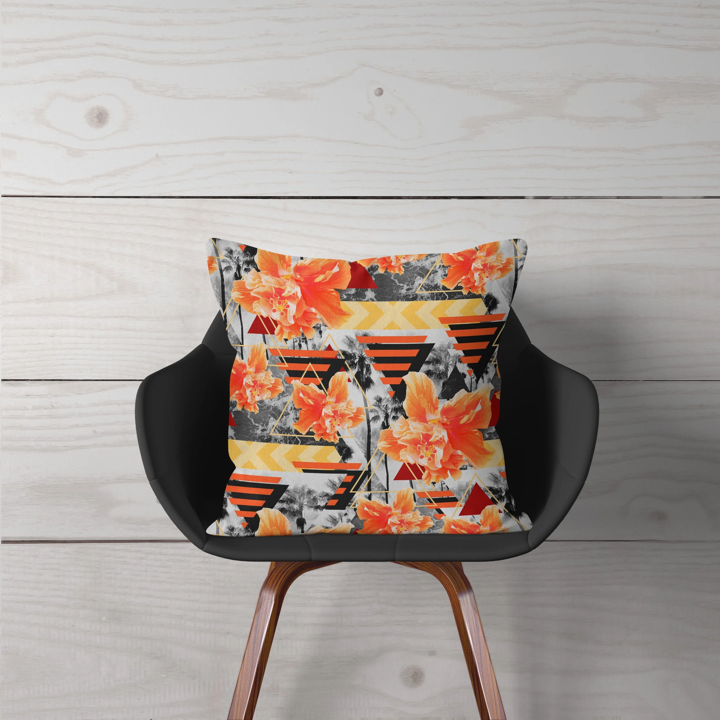 Wild Orange Hibiscus - Pillow on Chair - Wood Background.jpg