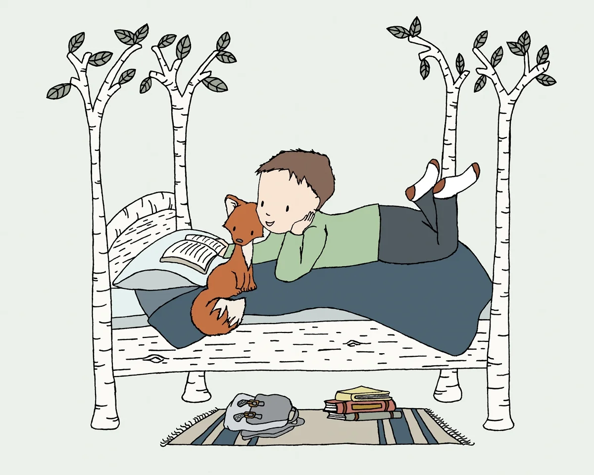 Woodland Nursery Art - Boy and Fox Forest Bed