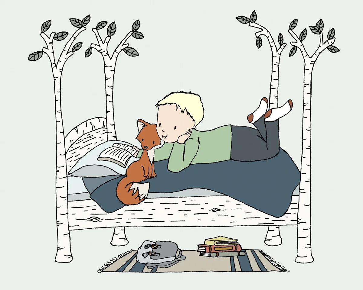 Woodland Nursery Art - Boy and Fox Forest Bed