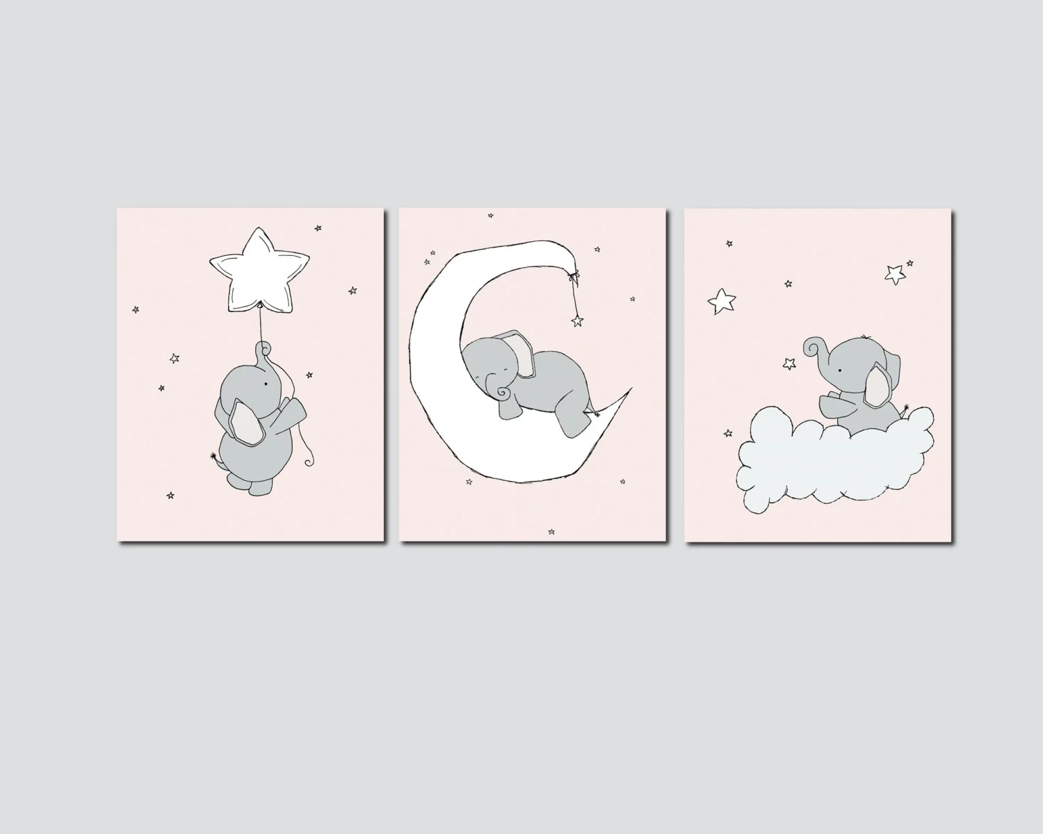 SET OF 3 - Elephant Moon and Stars - Pink & Grey - Elephant Nursery Art