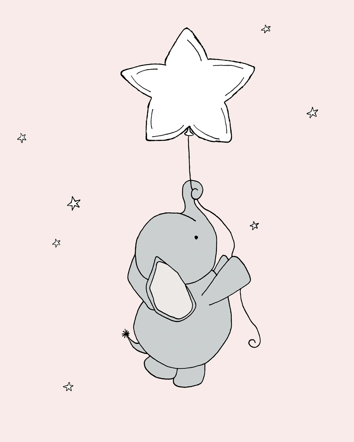 SET OF 3 - Elephant Moon and Stars - Pink & Grey - Elephant Nursery Art