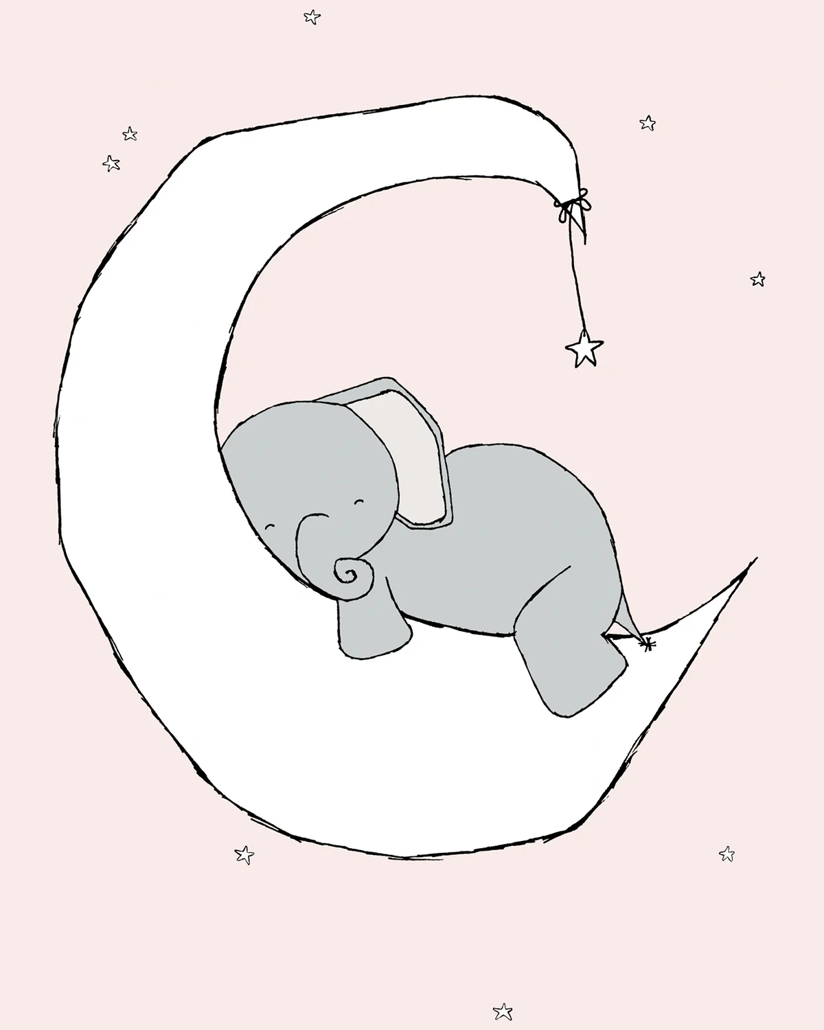 SET OF 3 - Elephant Moon and Stars - Pink & Grey - Elephant Nursery Art