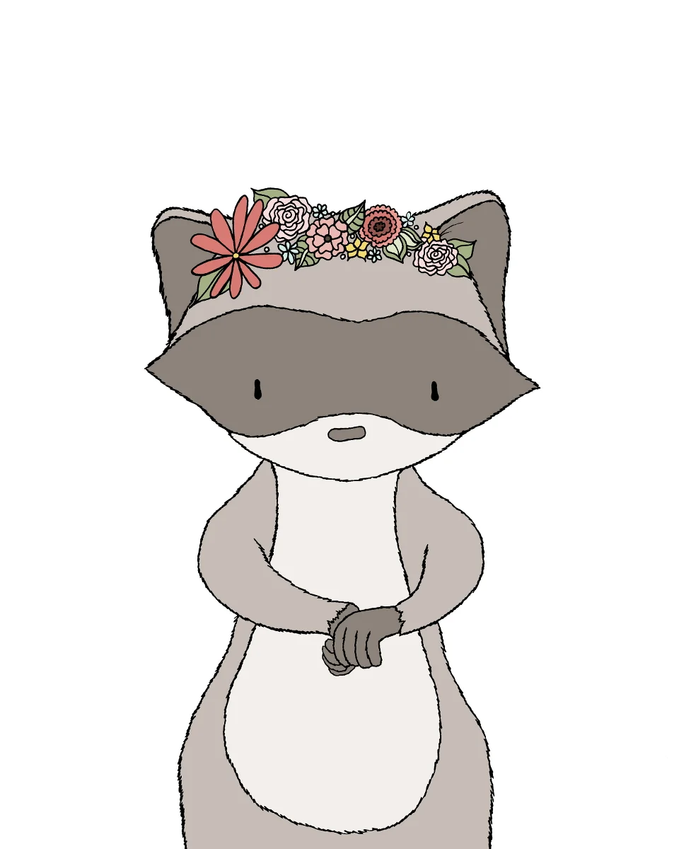 Girl Nursery Art - Raccoon Floral Crown - Woodland Nursery Art