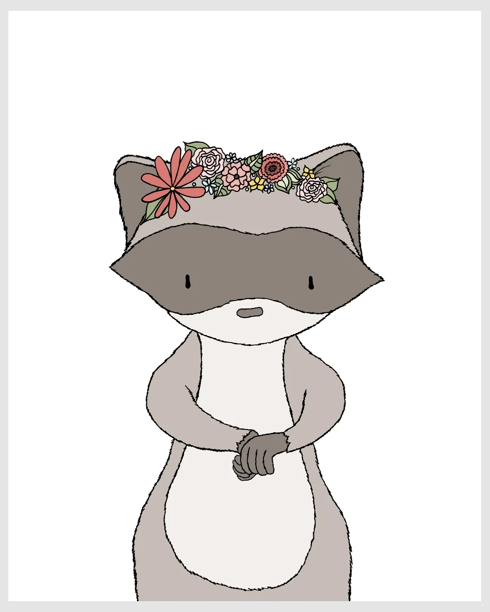 Girl Nursery Art - Raccoon Floral Crown - Woodland Nursery Art