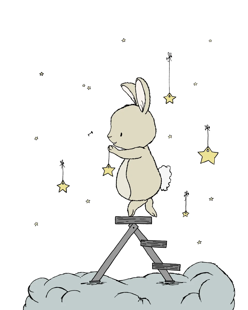 Bunny Nursery Art - Bunny Hangs The Stars - Bunny Star Ladder