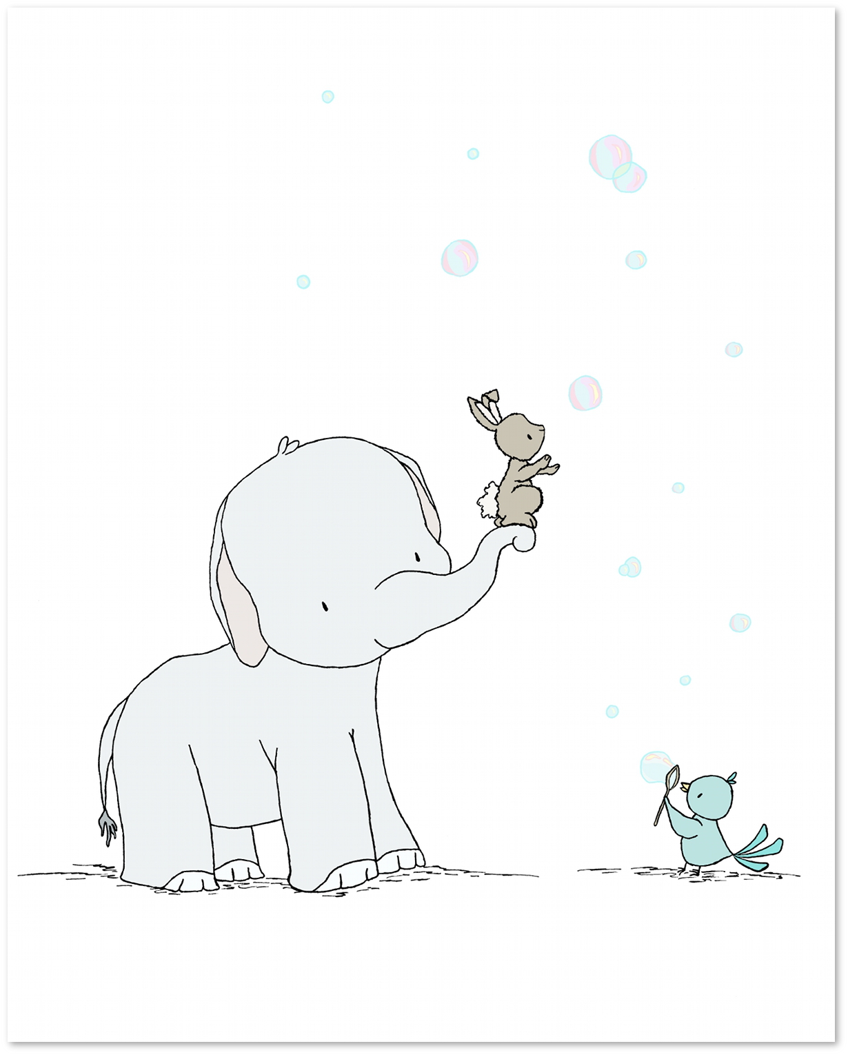Elephant Nursery Art - Catching Bubbles - Elephant Bunny and Bird Friends - by Sweet Melody Designs
