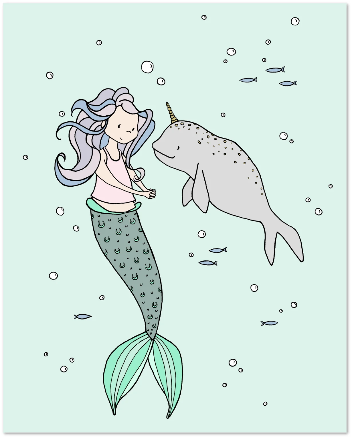 Mermaid Nursery Art -- Mermaid and Narwhal Buddies - Under the Sea Nursery Decor