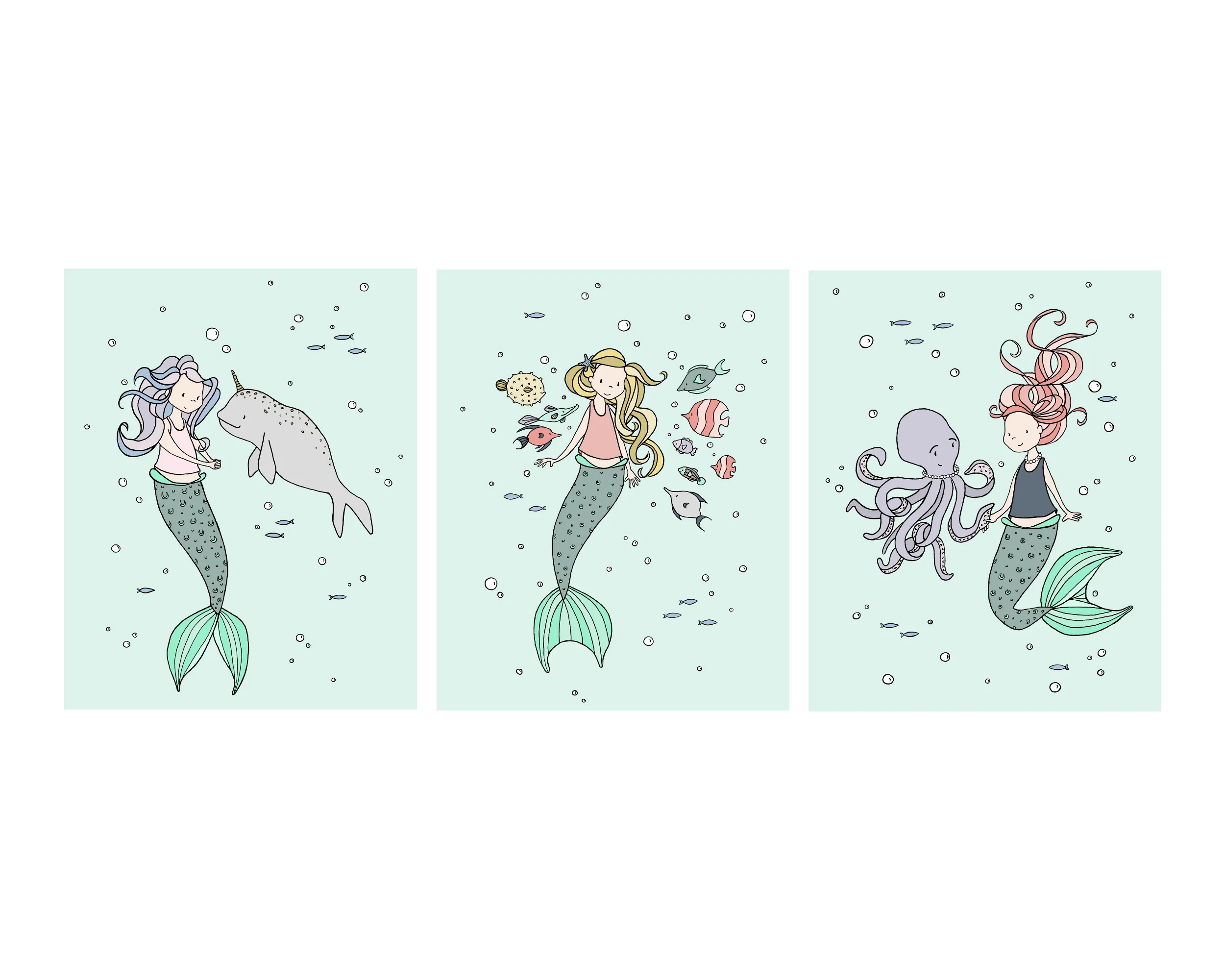 SET OF 3 - Mermaids and Ocean Buddies - Mermaid Nursery Art