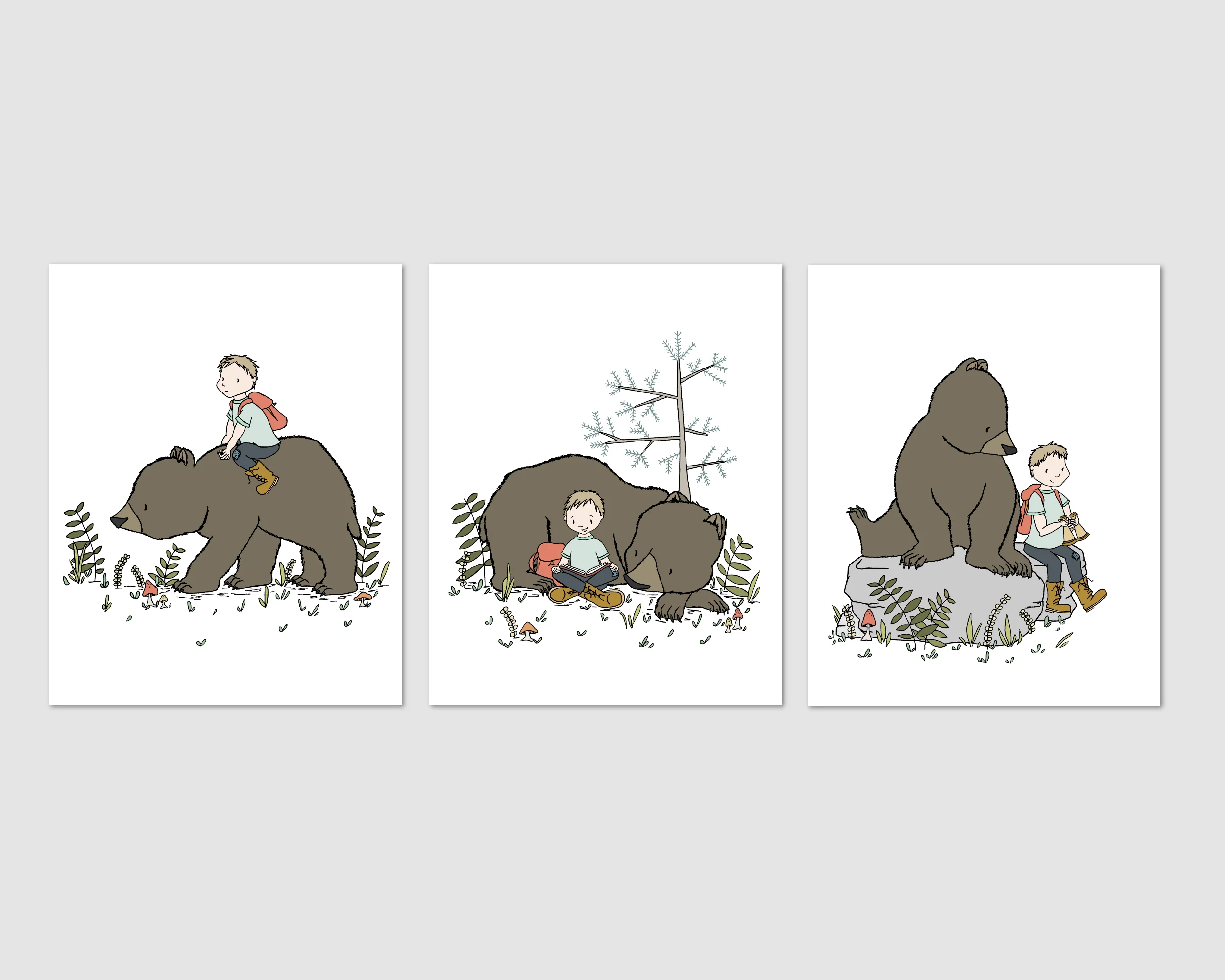 SET OF 3 - Woodland Nursery Art -- Boy and Bear Adventure Art