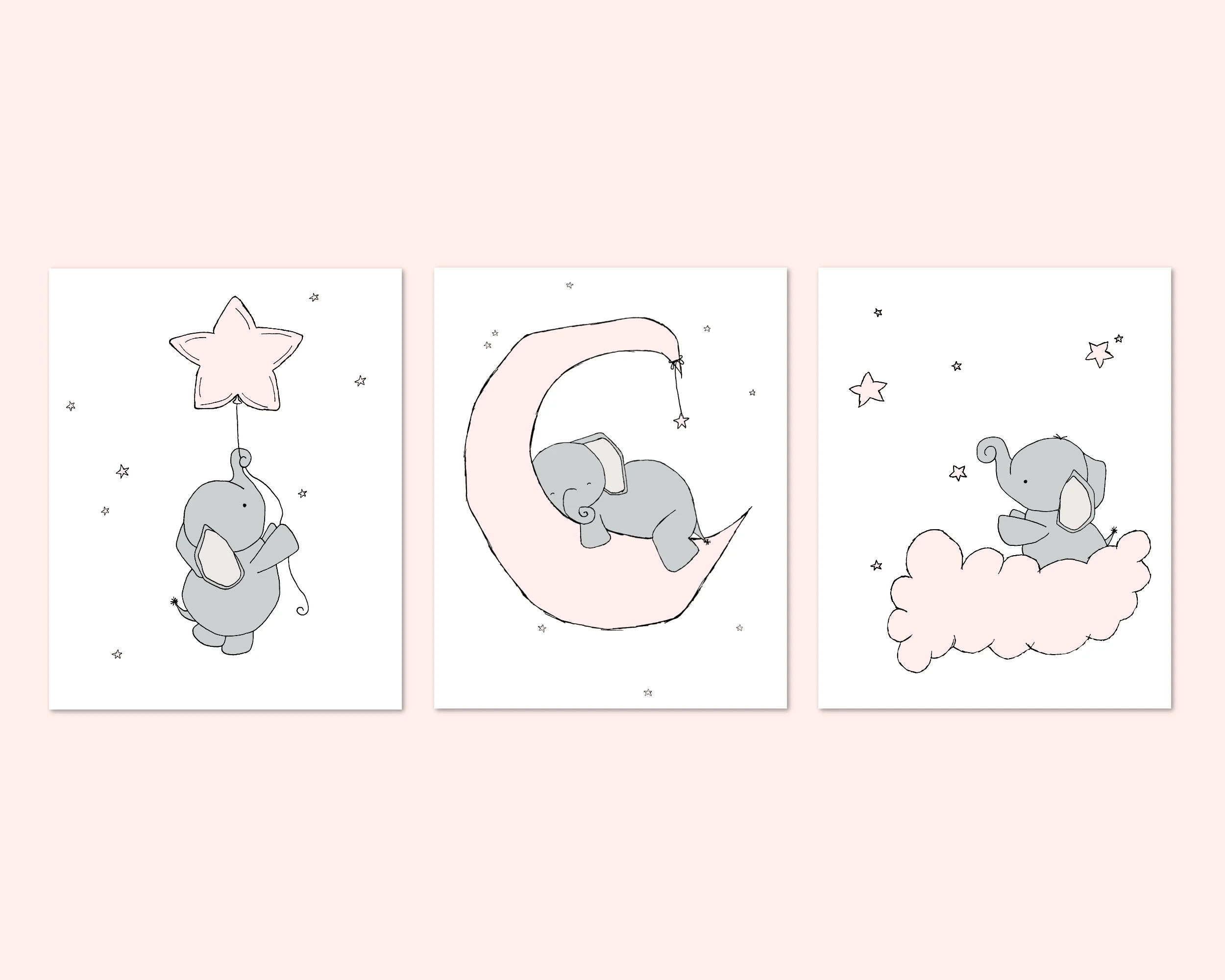 SET OF 3 - Elephant Moon and Stars - White, Pink & Grey
